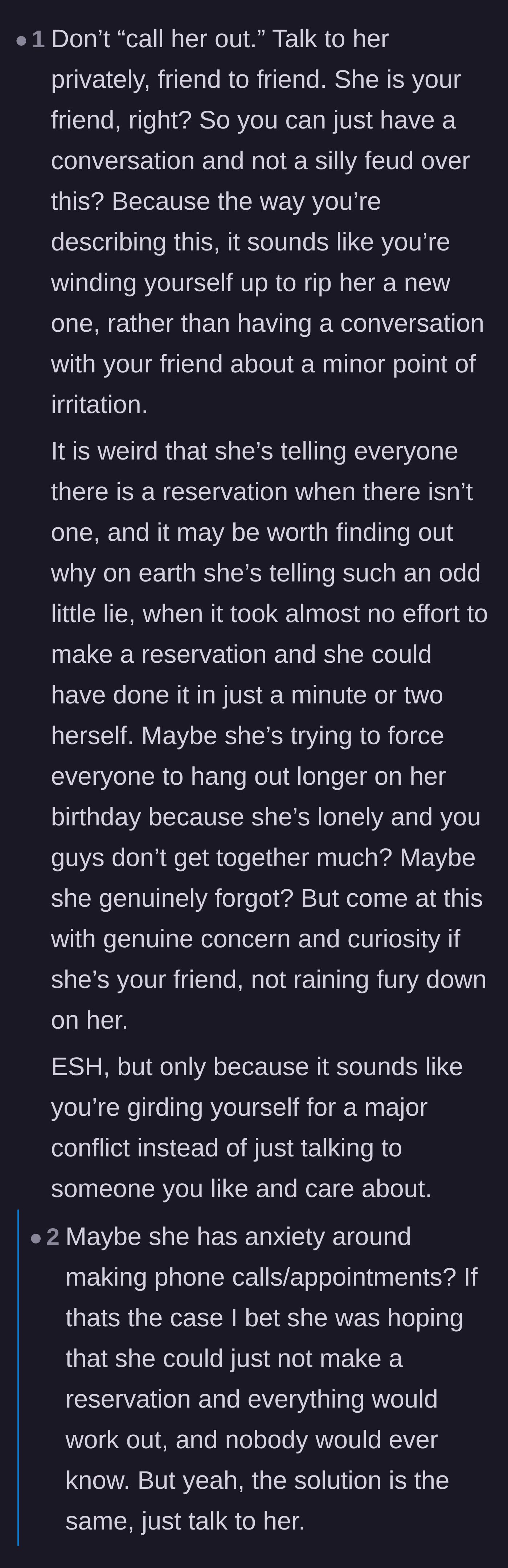 Comment thread 2 - Debate over whether the friend's lying stems from phone anxiety or loneliness.
