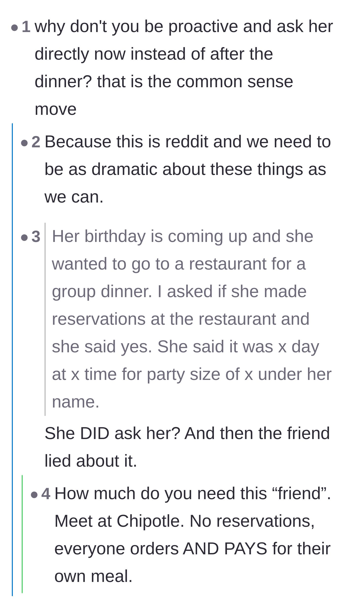 Comment thread 4 - A back-and-forth about whether the main character should just confront the friend directly right now.