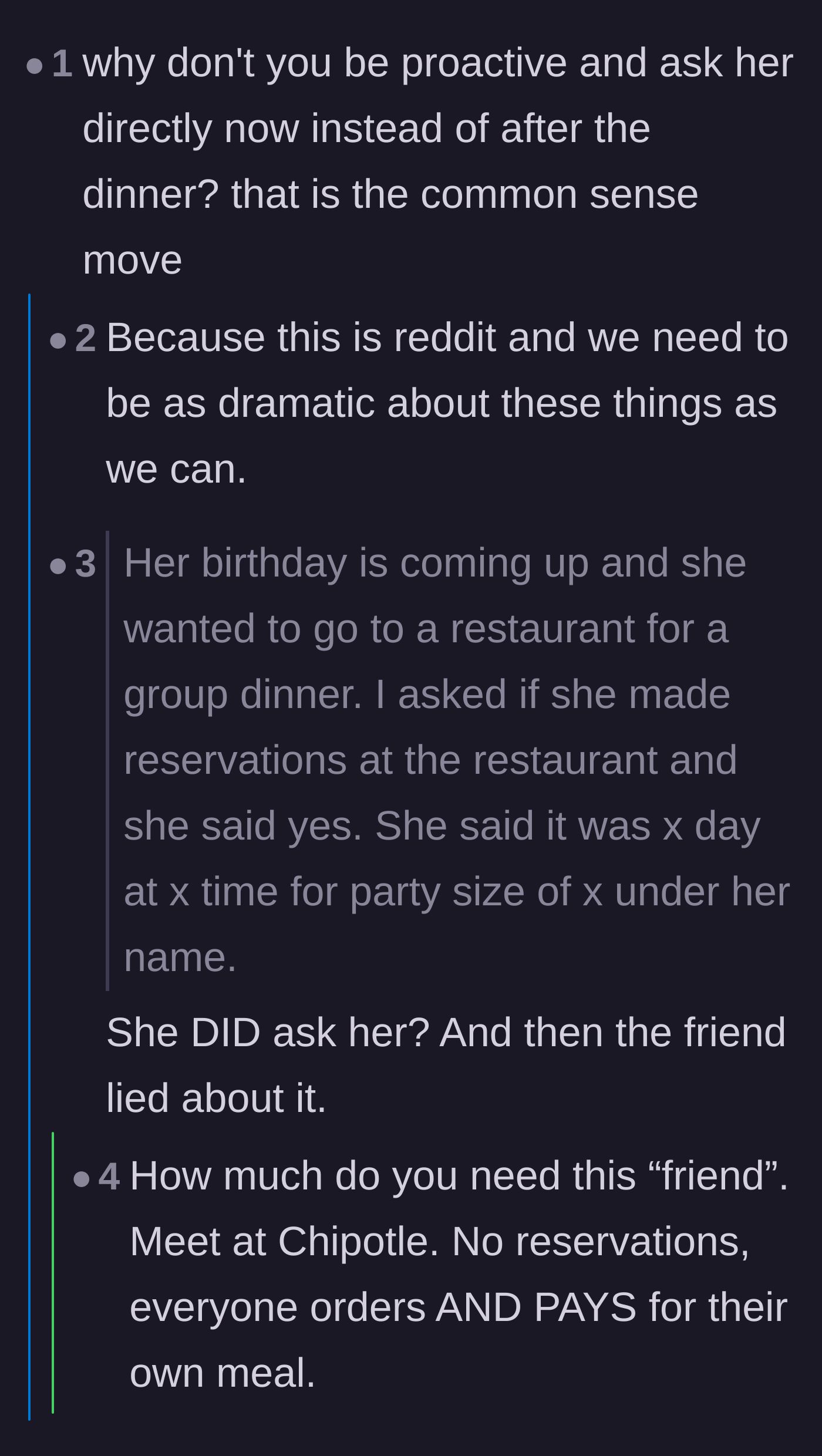 Comment thread 4 - A back-and-forth about whether the main character should just confront the friend directly right now.