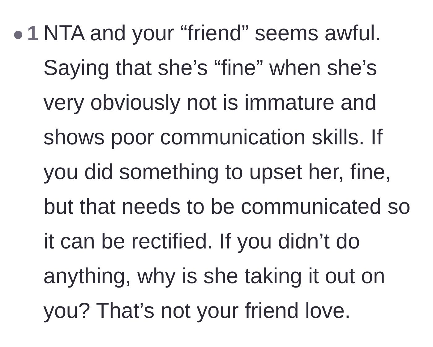 Comment thread 2 - A commenter points out that saying 'fine' while clearly upset is incredibly immature and toxic.