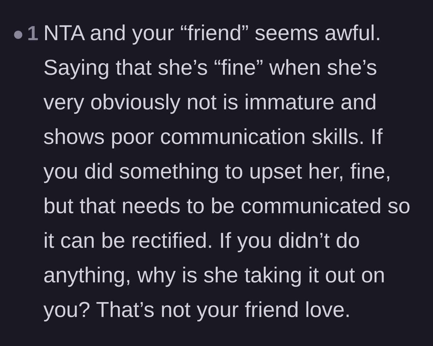Comment thread 2 - A commenter points out that saying 'fine' while clearly upset is incredibly immature and toxic.