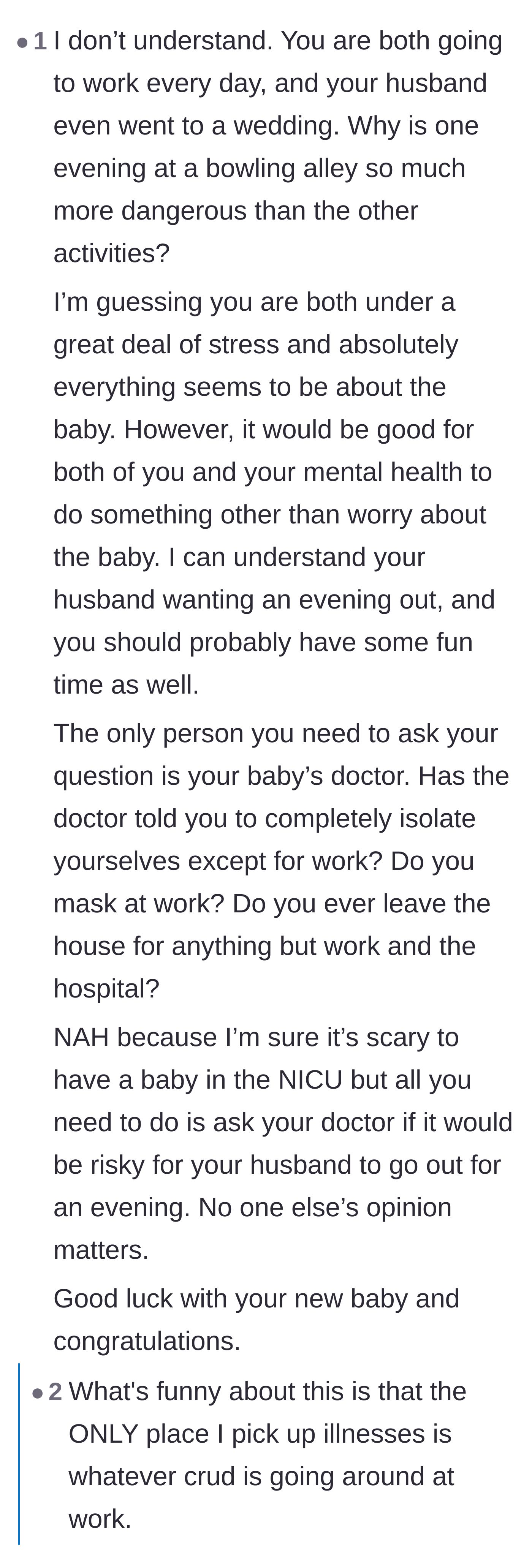 Comment thread 1 - A discussion on the comparable risks of workplace exposure versus a bowling alley, suggesting the couple consult their doctor.