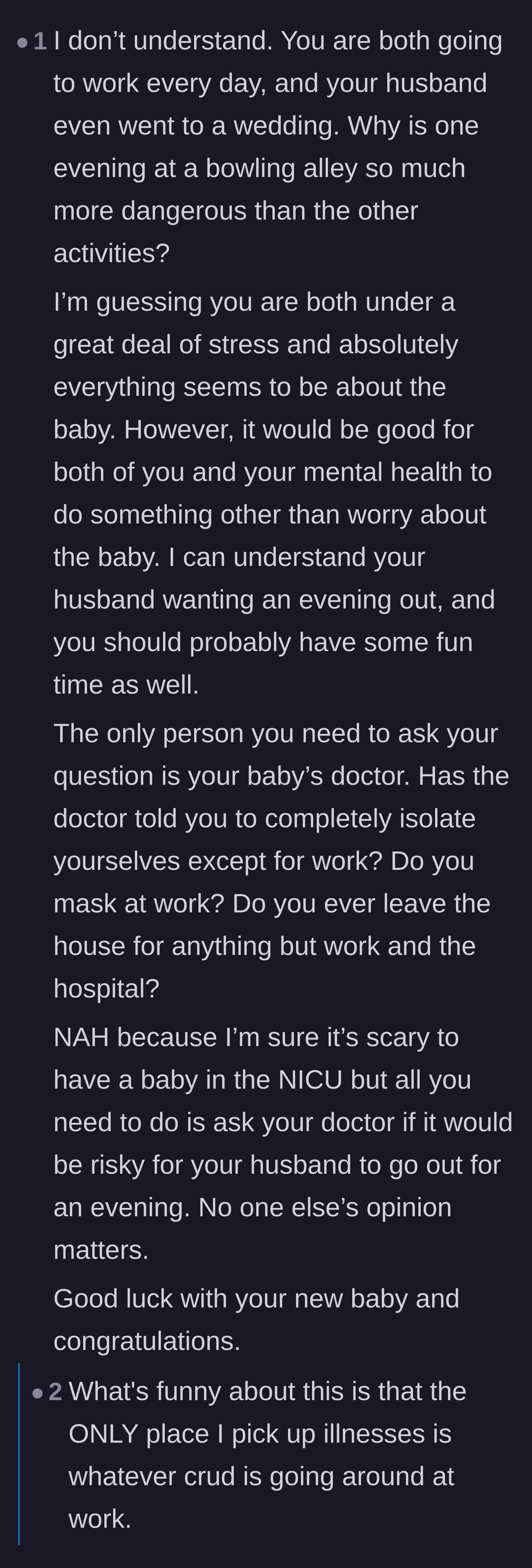 Comment thread 1 - A discussion on the comparable risks of workplace exposure versus a bowling alley, suggesting the couple consult their doctor.
