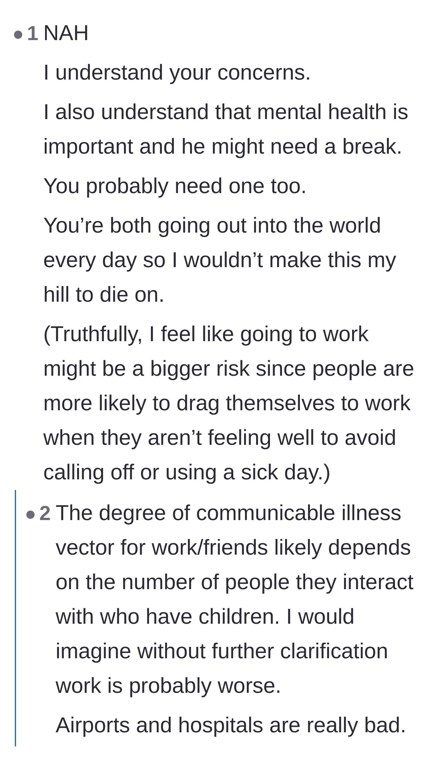 Comment thread 2 - A compassionate reminder that both parents need a mental health break to survive the extreme stress of the NICU.
