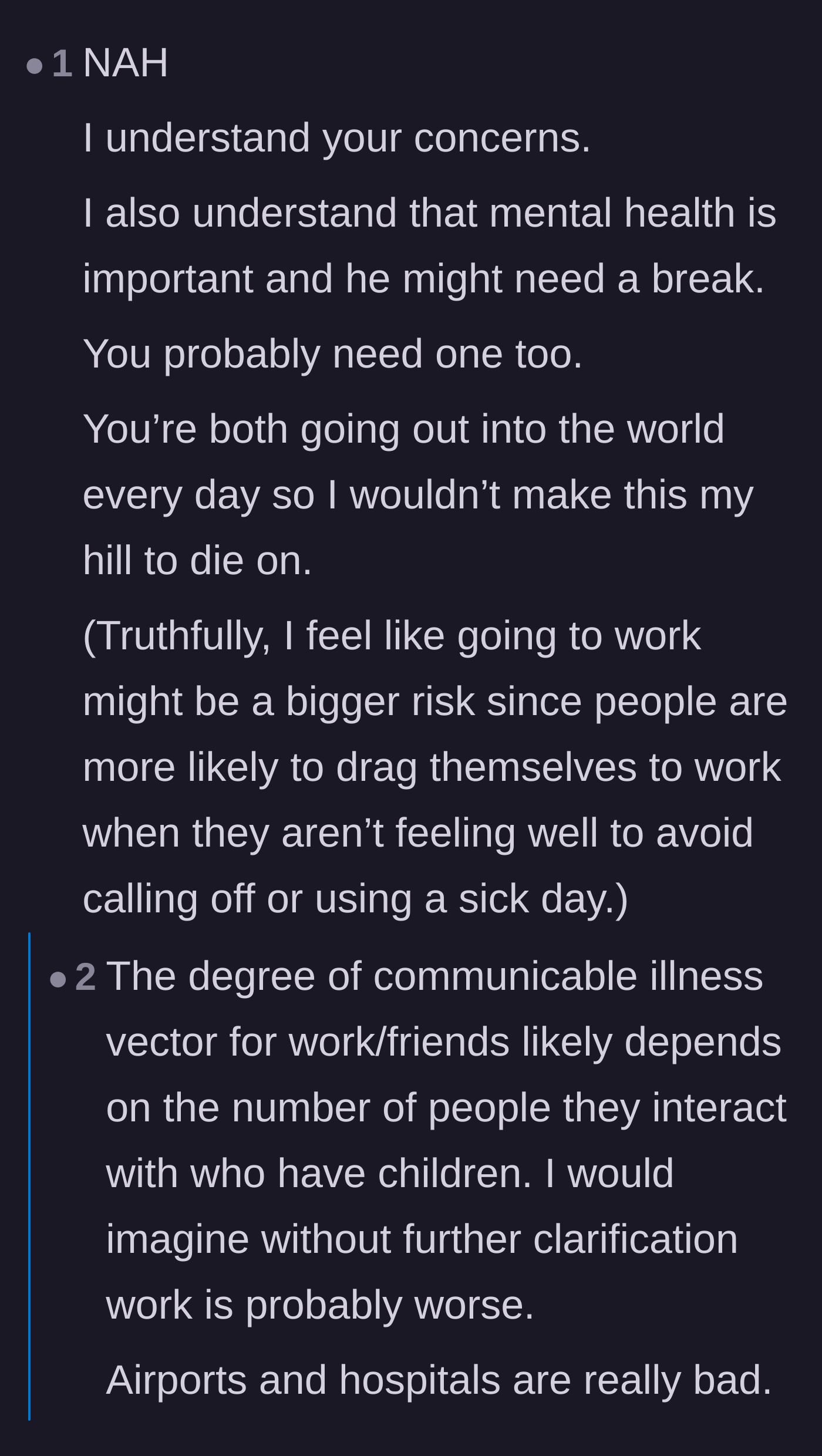 Comment thread 2 - A compassionate reminder that both parents need a mental health break to survive the extreme stress of the NICU.