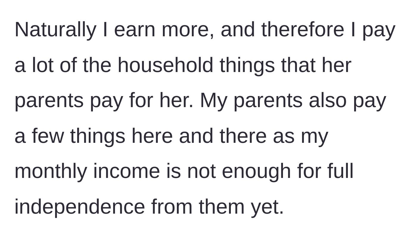 Story part 2 - Detailing how the main character earns more and generously covers most of the shared household expenses.