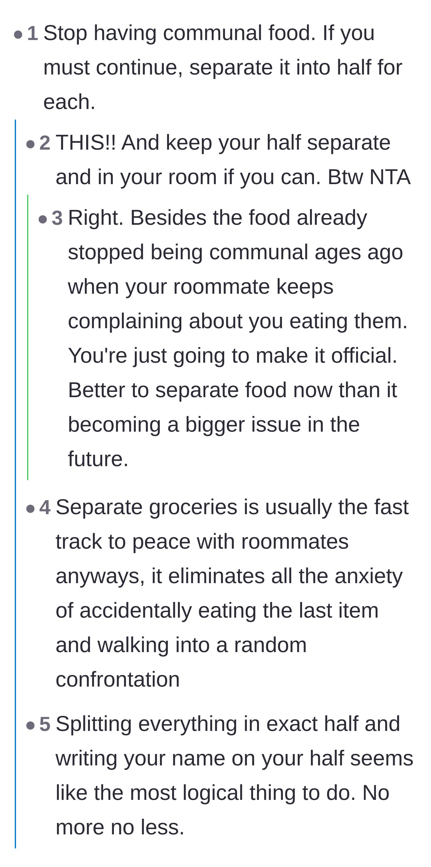 Comment thread 1 - Readers strongly agreeing that separating groceries is the best way to avoid roommate drama and reclaim peace of mind.