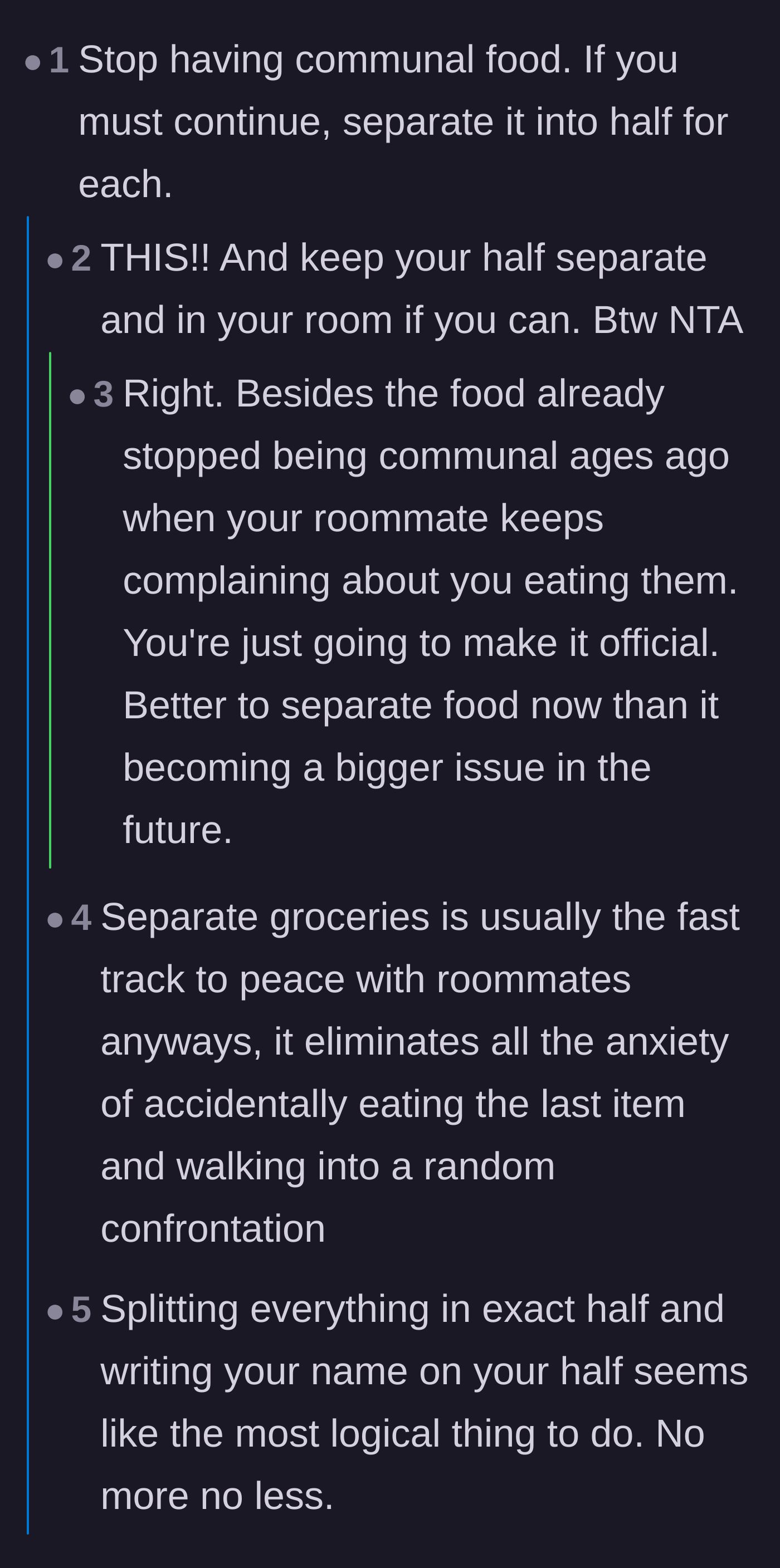 Comment thread 1 - Readers strongly agreeing that separating groceries is the best way to avoid roommate drama and reclaim peace of mind.