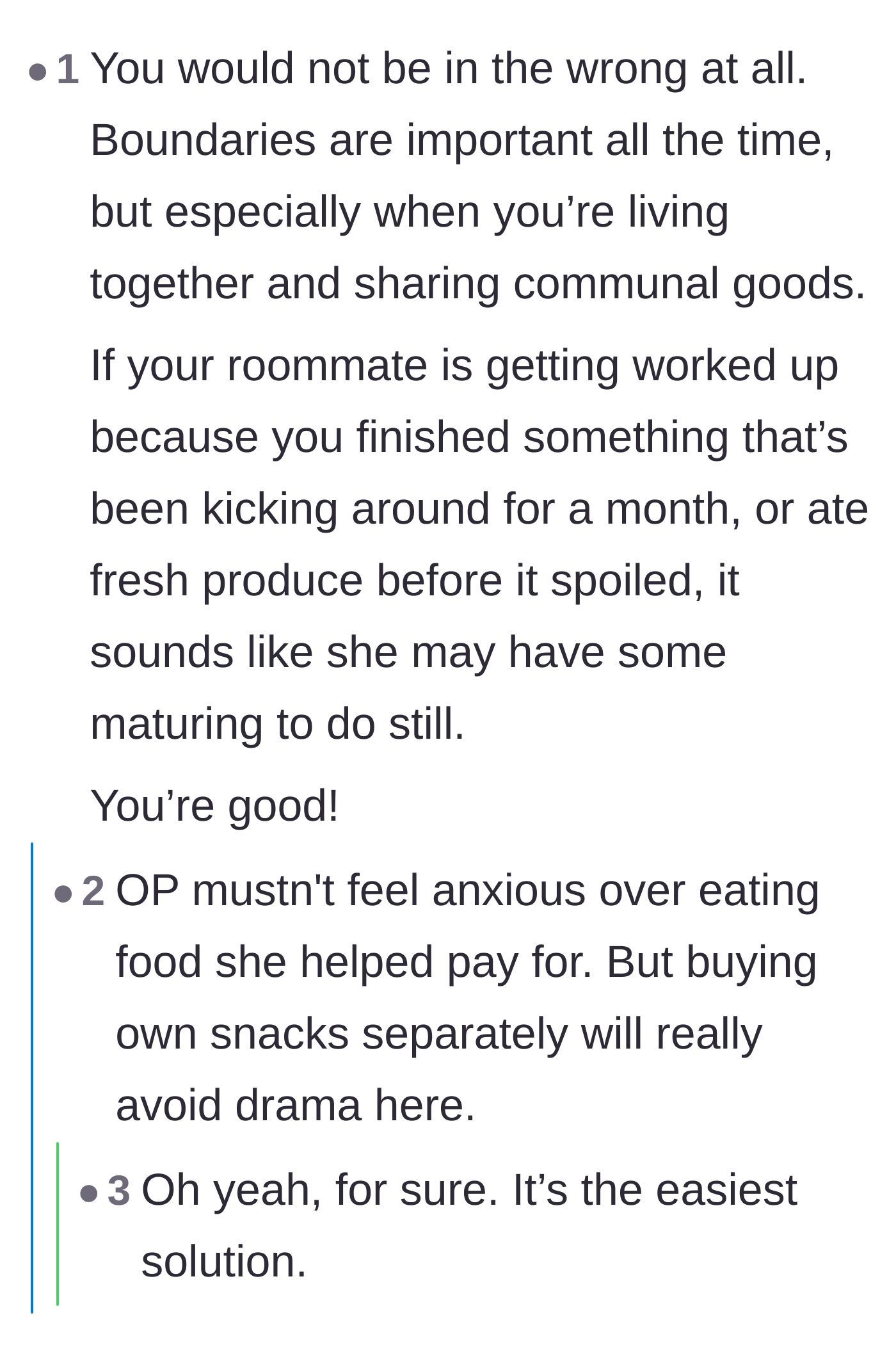 Comment thread 2 - Commenters validating the main character and pointing out the roommate's immaturity over hoarding month-old snacks.