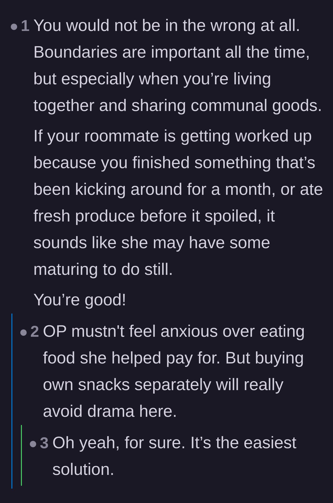 Comment thread 2 - Commenters validating the main character and pointing out the roommate's immaturity over hoarding month-old snacks.