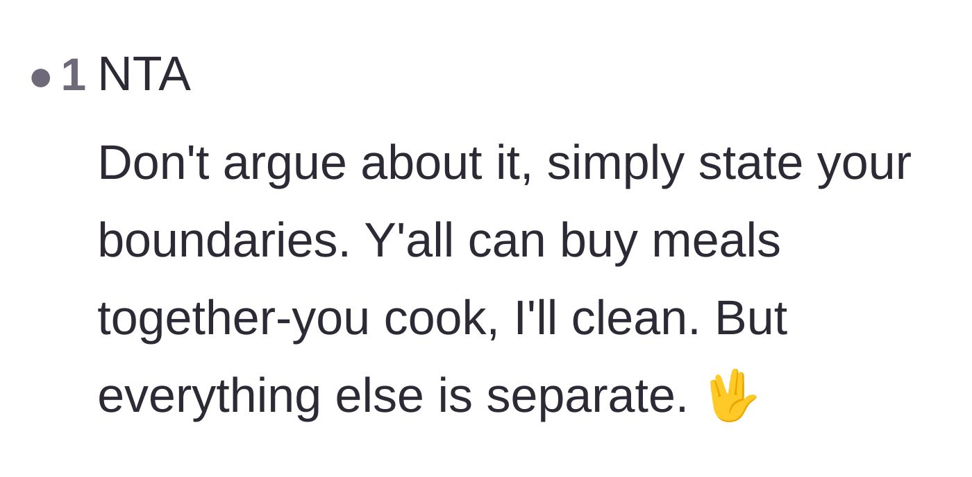 Comment thread 3 - Straightforward advice to keep the shared cooking arrangement but strictly separate all other groceries.