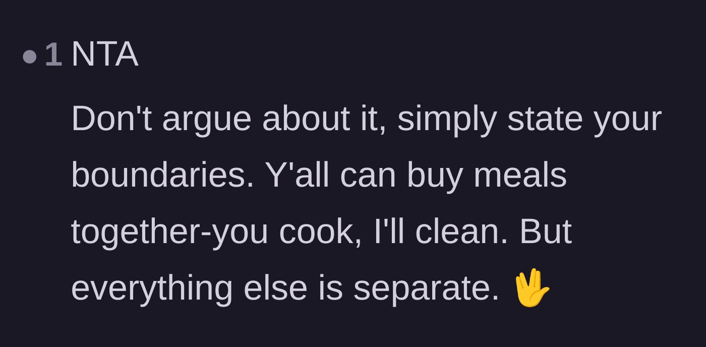 Comment thread 3 - Straightforward advice to keep the shared cooking arrangement but strictly separate all other groceries.