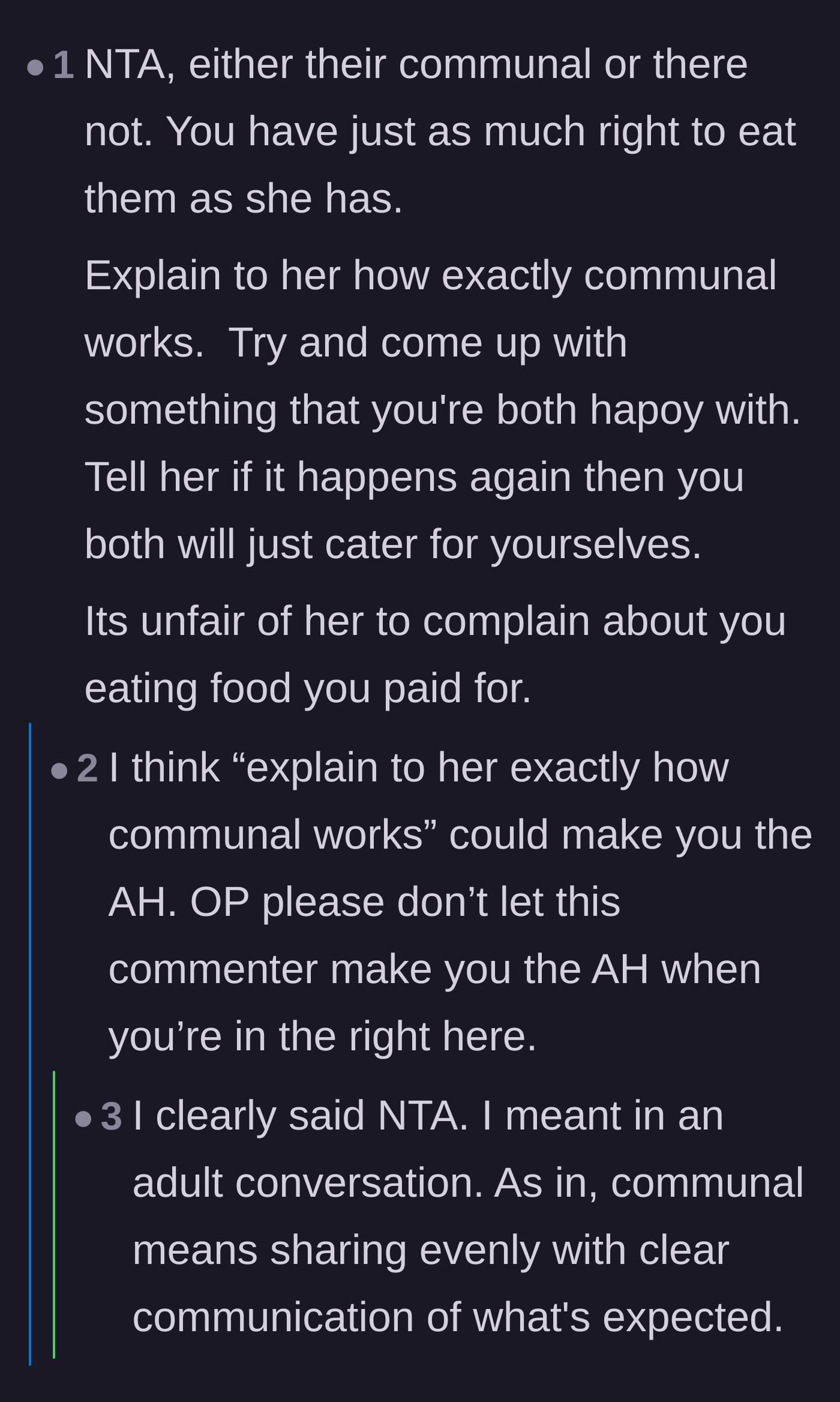 Comment thread 4 - A debate on whether trying to explain the definition of 'communal' to the roommate would come off as condescending and start more drama.