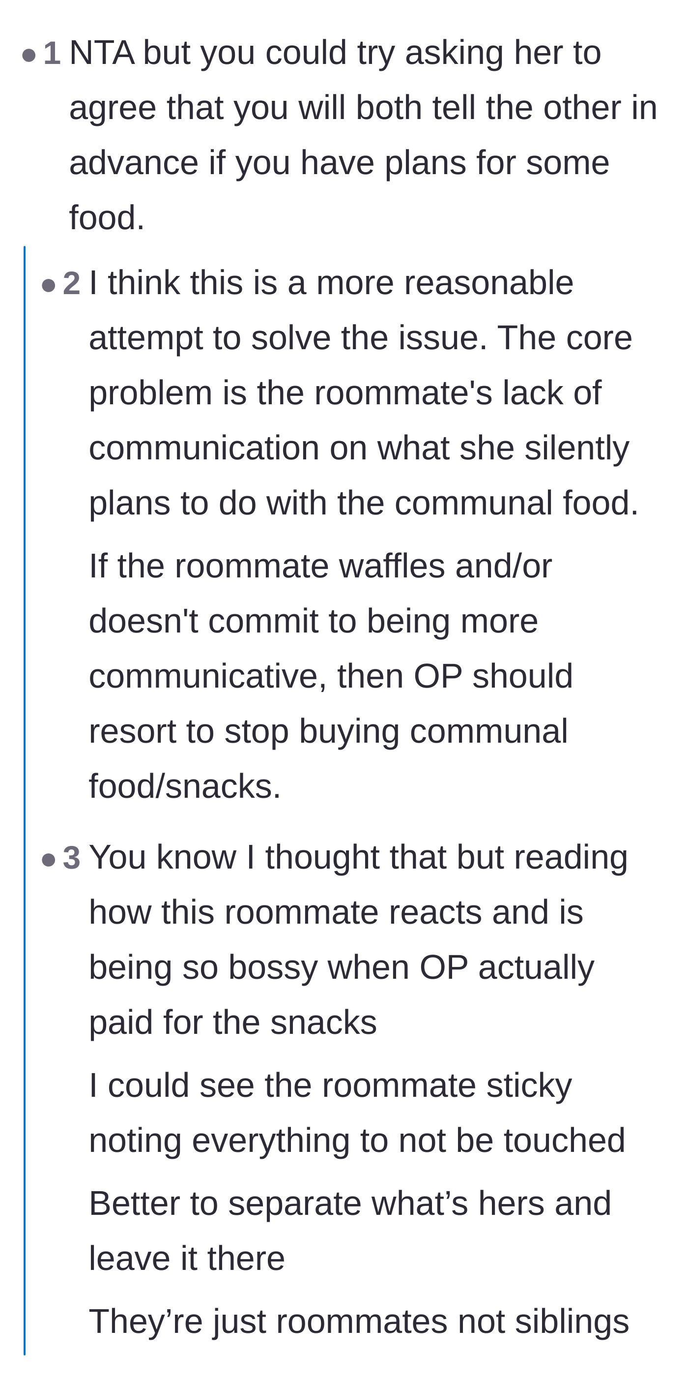 Comment thread 5 - A discussion about how asking for communication might backfire and lead to the roommate aggressively claiming all the food with notes.