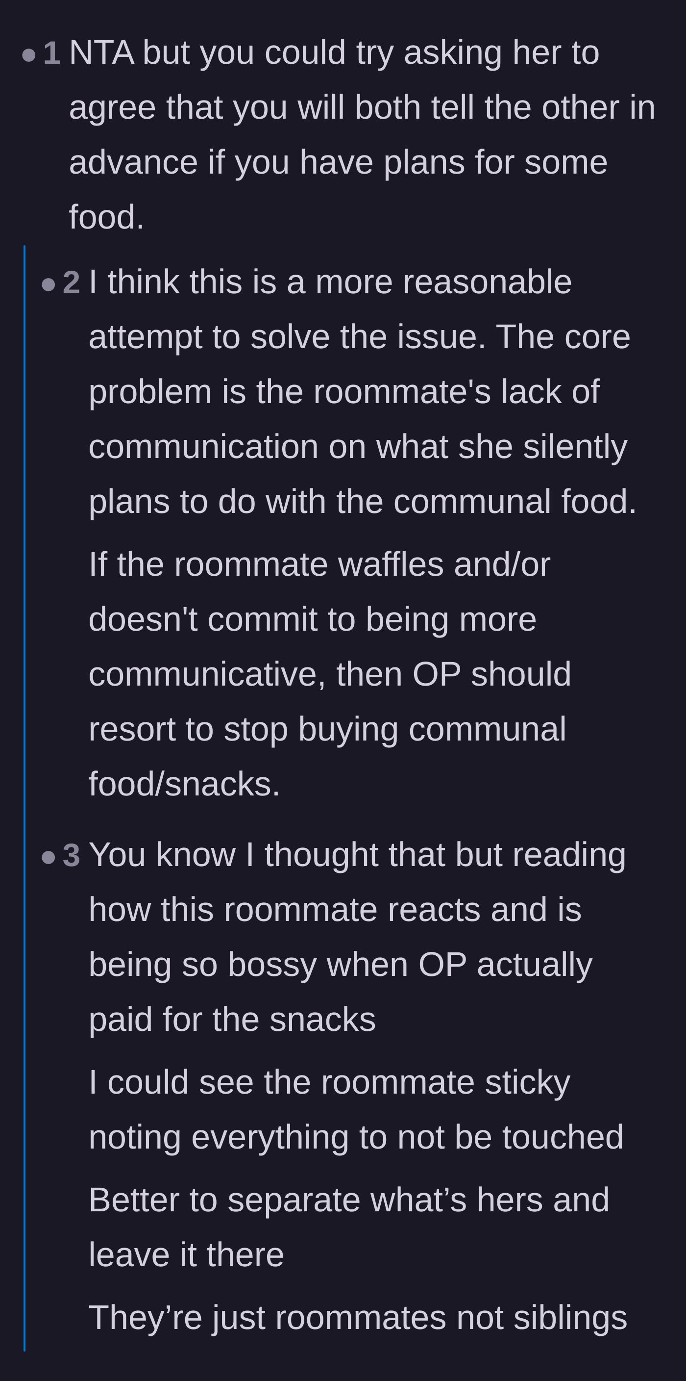 Comment thread 5 - A discussion about how asking for communication might backfire and lead to the roommate aggressively claiming all the food with notes.