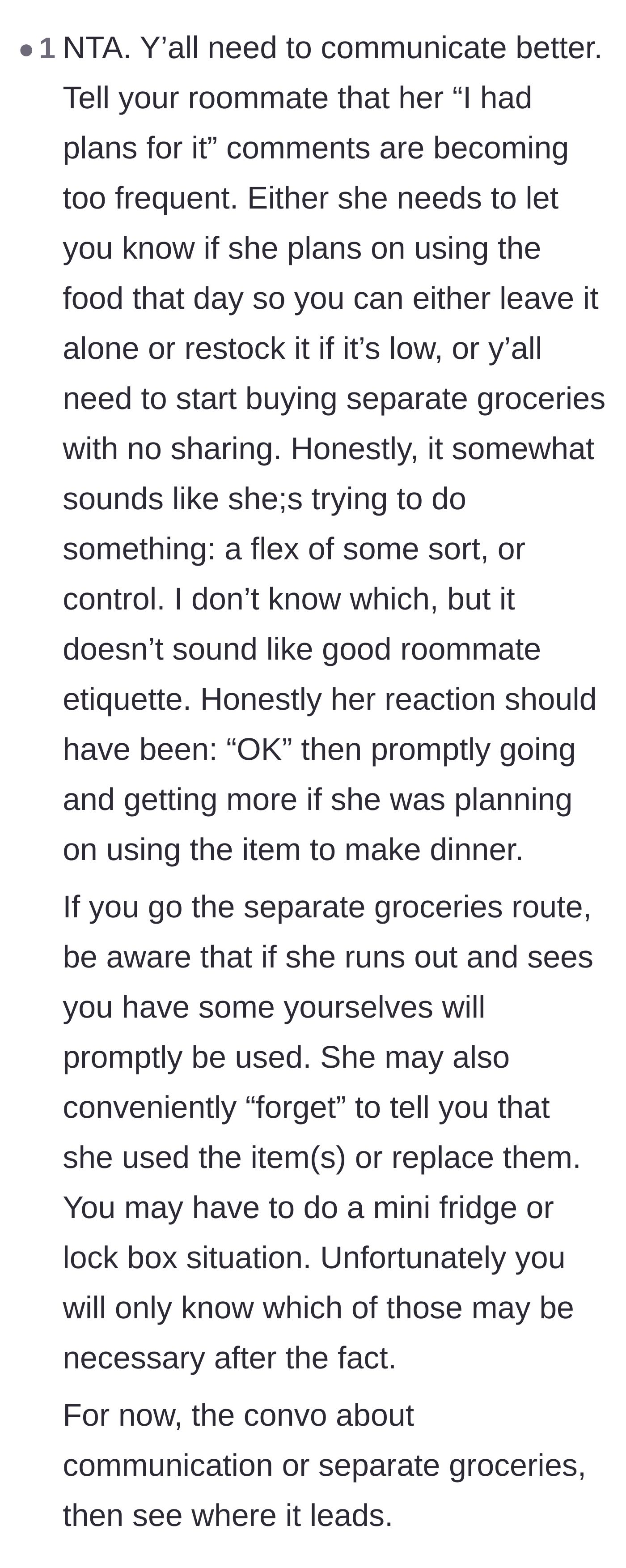 Comment thread 6 - A warning that the roommate might start stealing separate groceries and that a lockbox might become completely necessary.