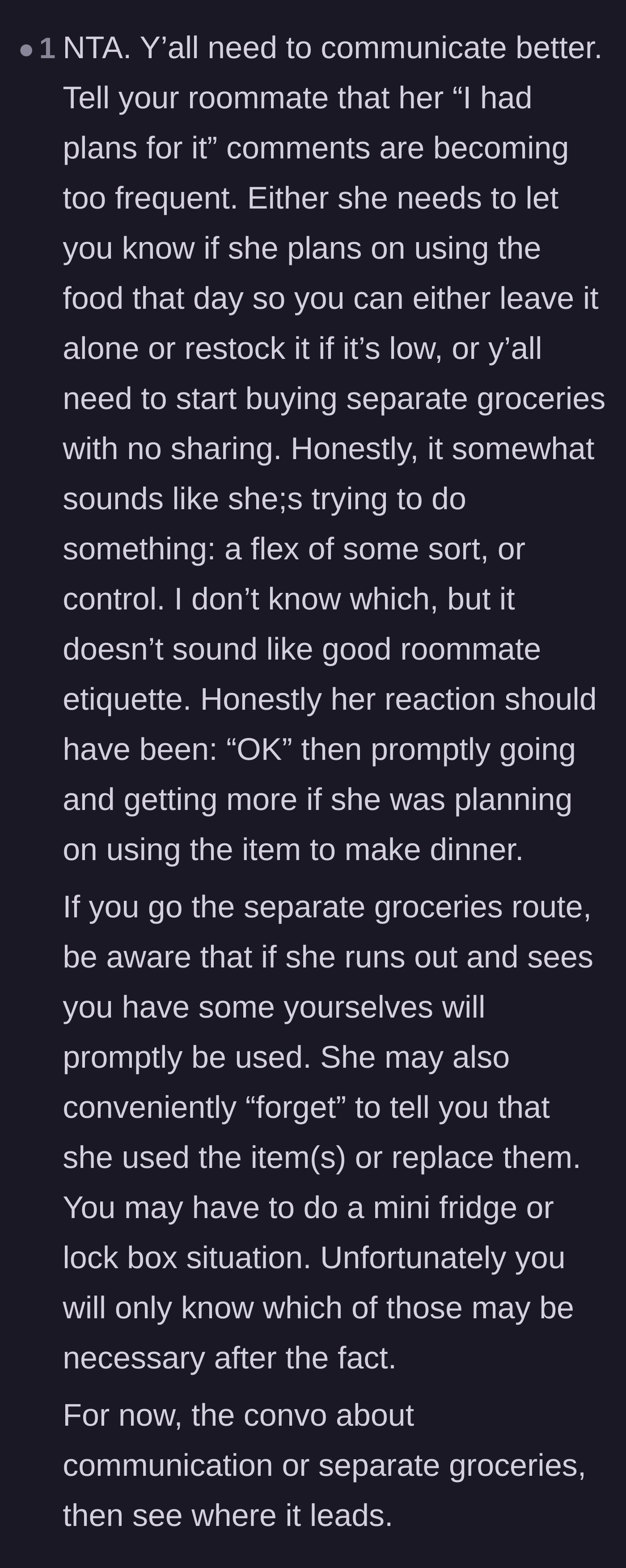 Comment thread 6 - A warning that the roommate might start stealing separate groceries and that a lockbox might become completely necessary.