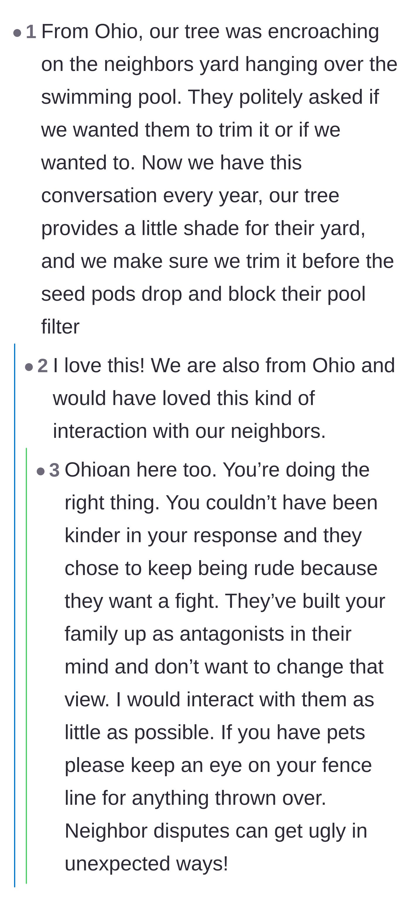 Comment thread 3 - An anecdote from another Ohio neighbor about politely sharing tree trimming duties