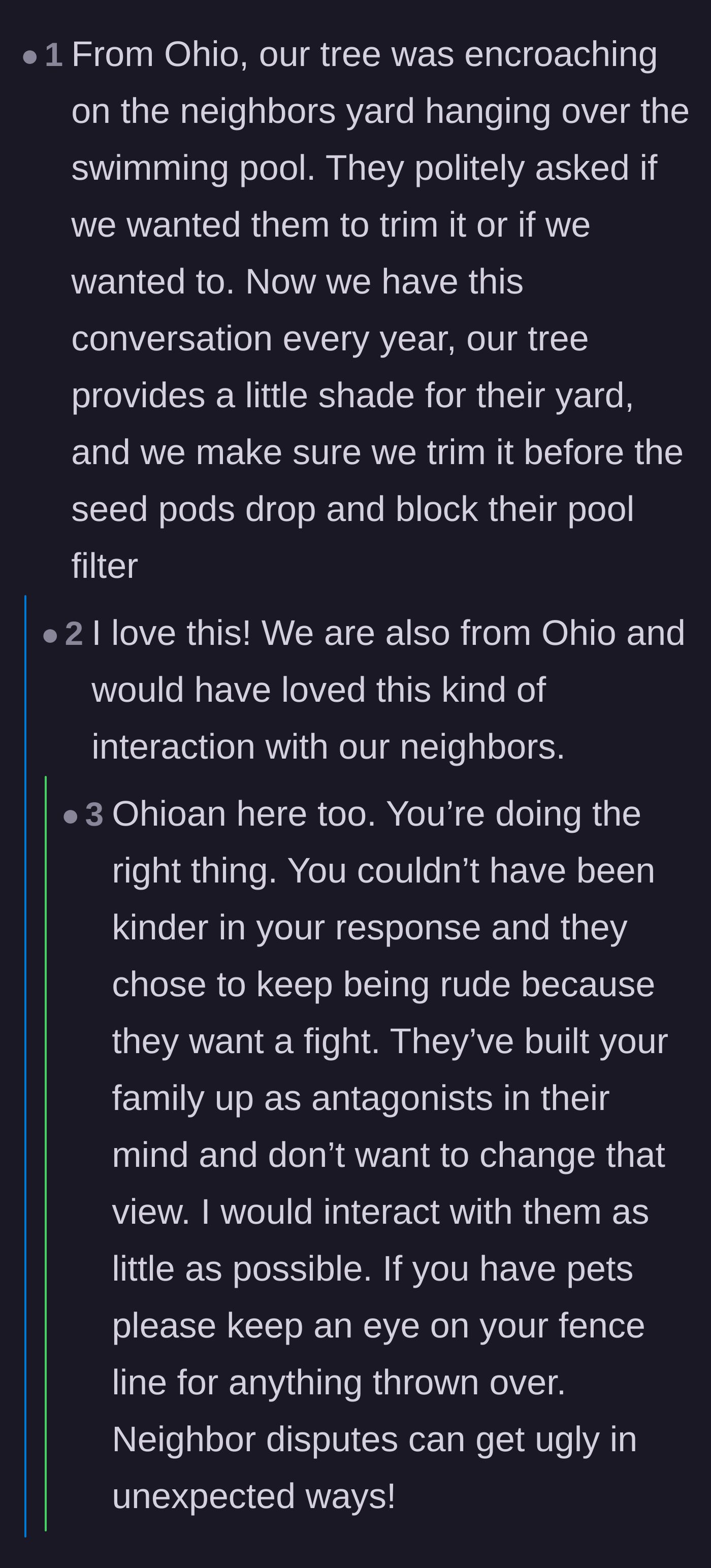 Comment thread 3 - An anecdote from another Ohio neighbor about politely sharing tree trimming duties