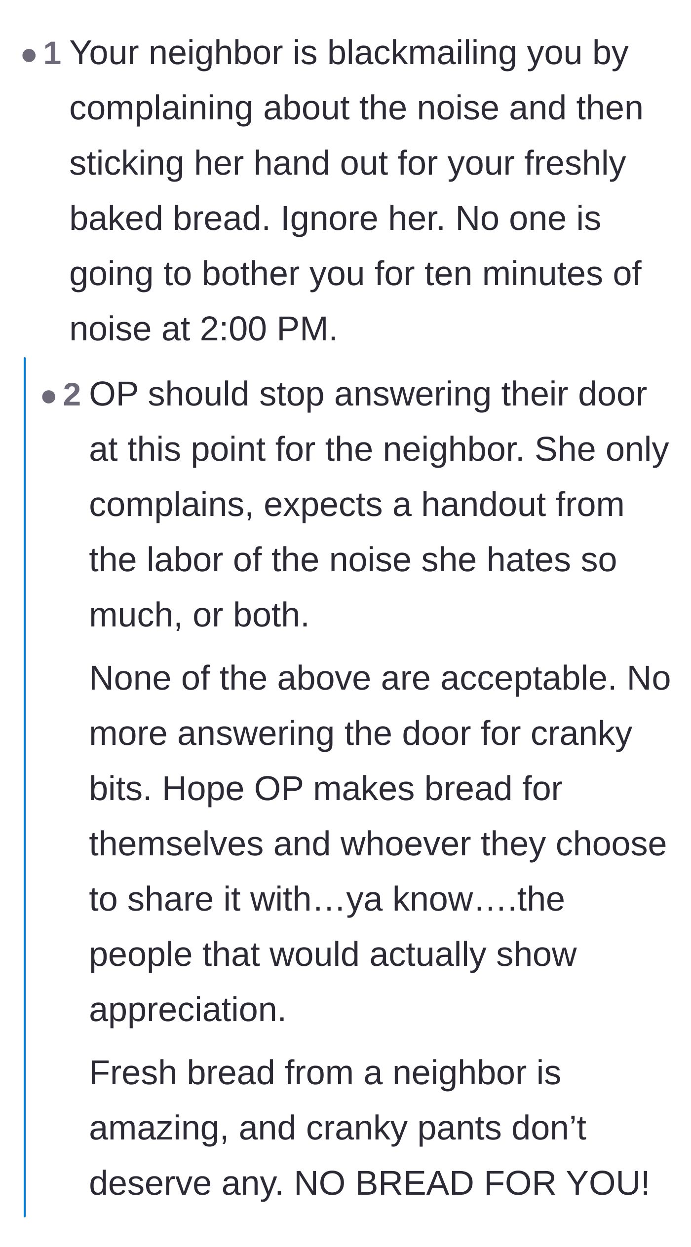 Comment thread 2 - A user calls out the neighbor's behavior as a shakedown and demands the baker stop answering the door.