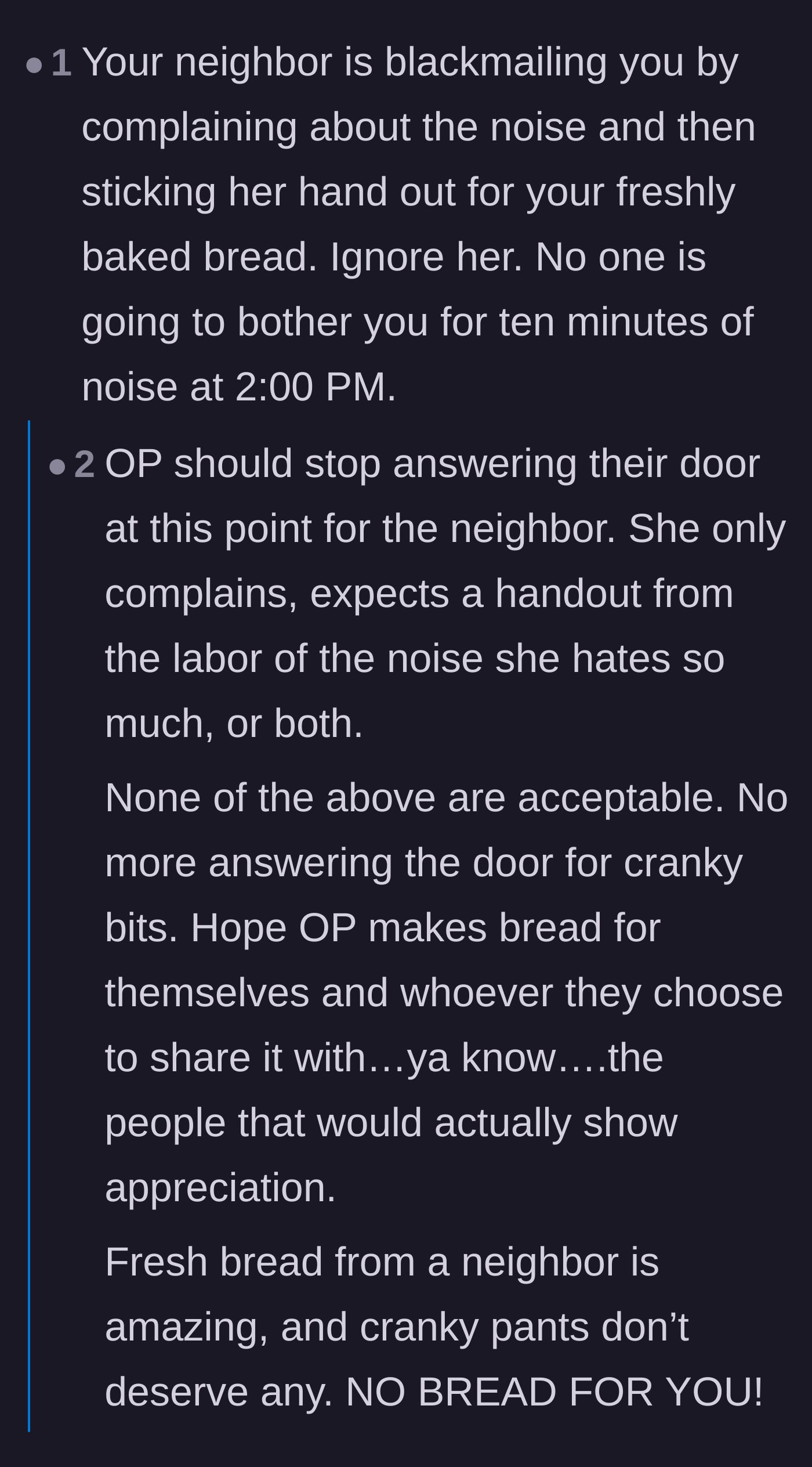 Comment thread 2 - A user calls out the neighbor's behavior as a shakedown and demands the baker stop answering the door.