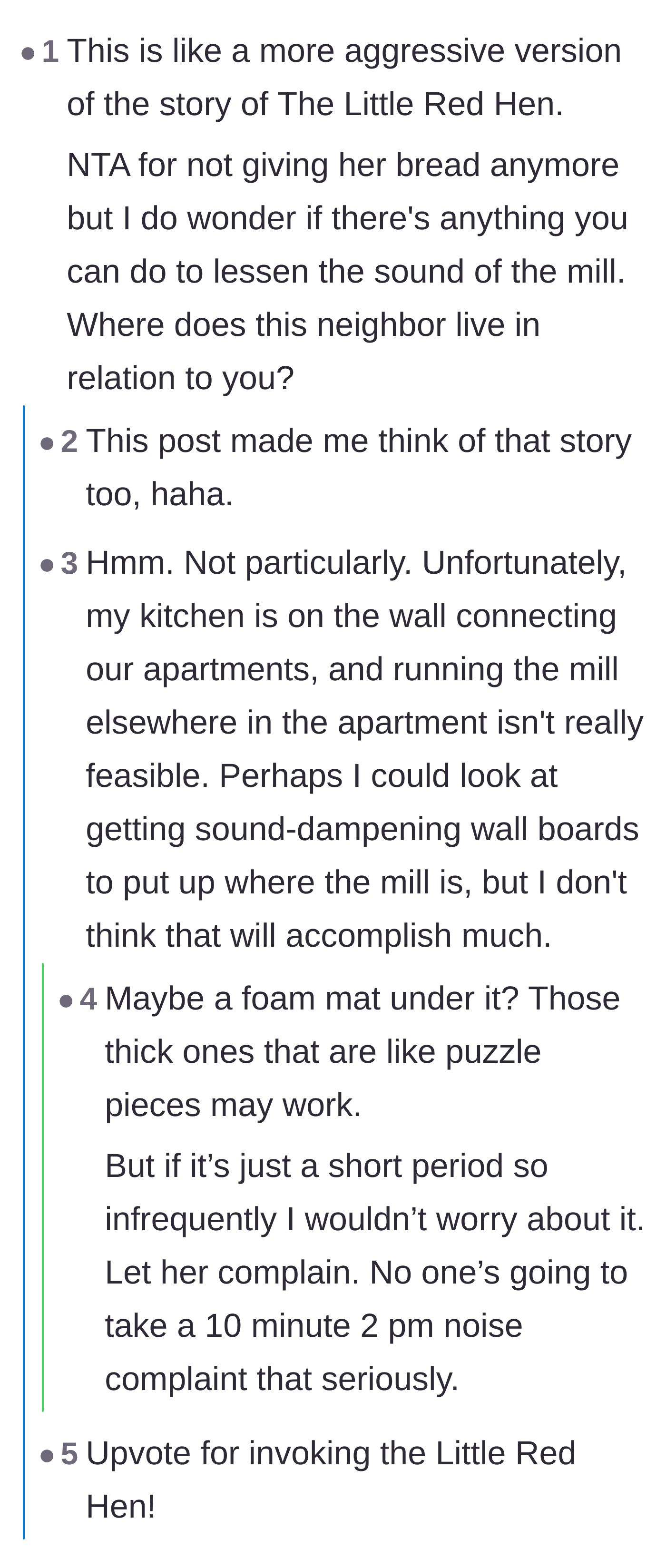 Comment thread 3 - Discussions on practical ways to dampen the grain mill's sound using foam or mats.