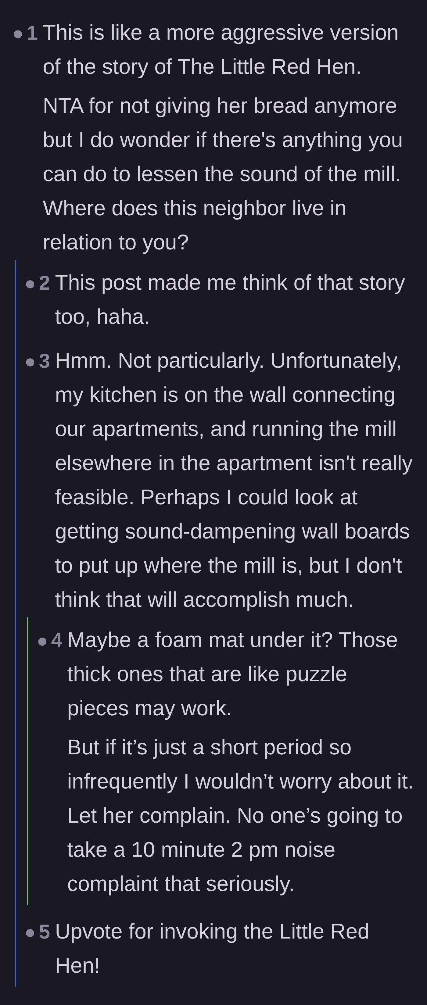 Comment thread 3 - Discussions on practical ways to dampen the grain mill's sound using foam or mats.
