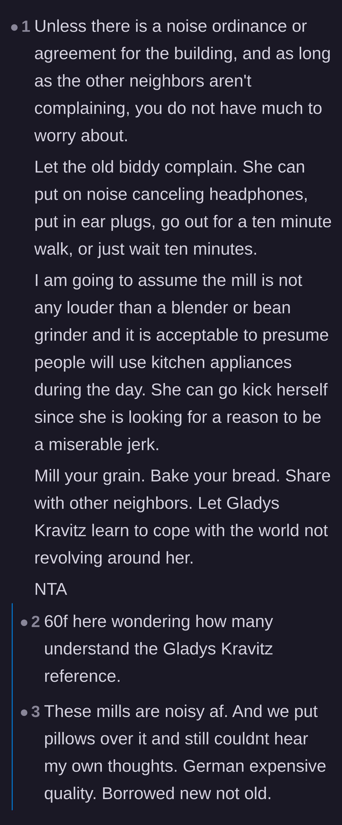 Comment thread 5 - A user points out that a ten-minute daytime noise violates no rules and tells the neighbor to cope.
