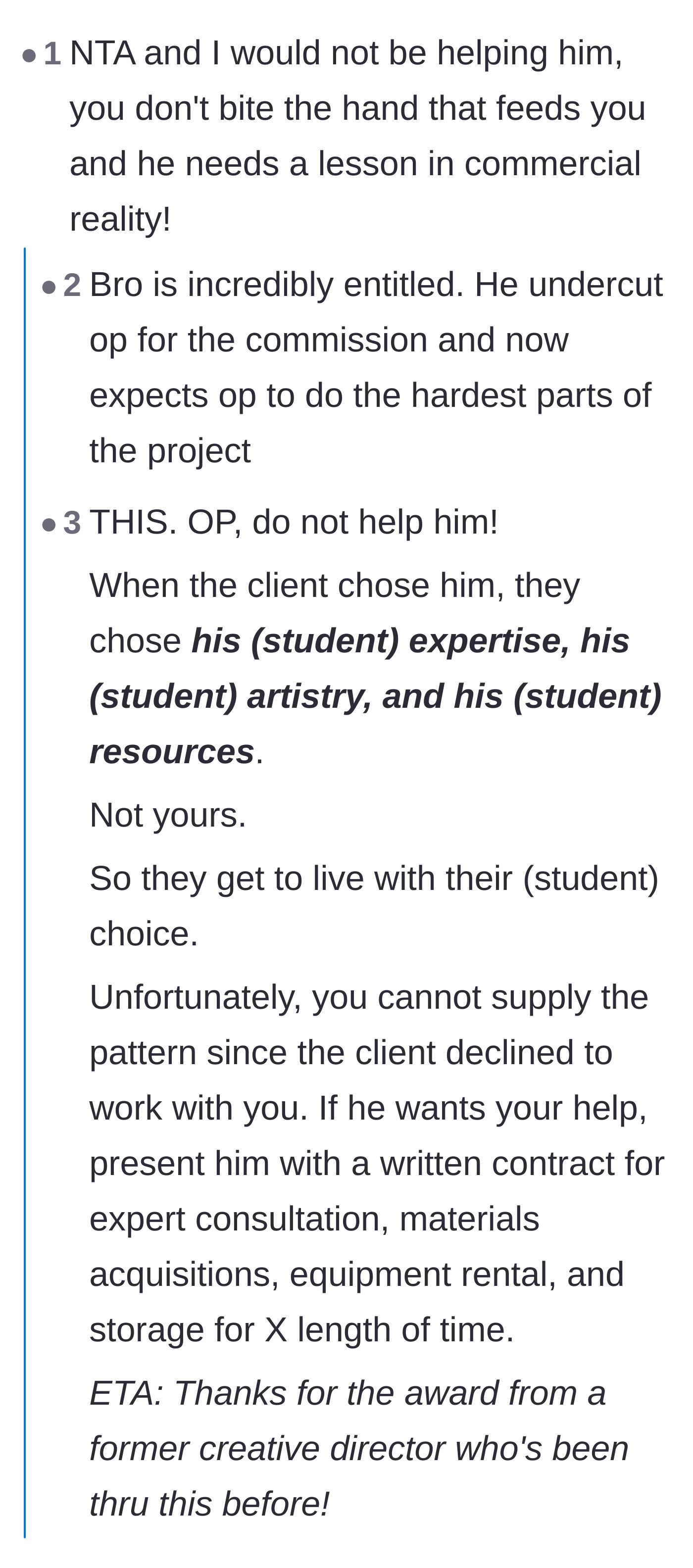 Comment thread 2 - Advice on immediately dropping the poacher as a student and letting him fail on his own merits.