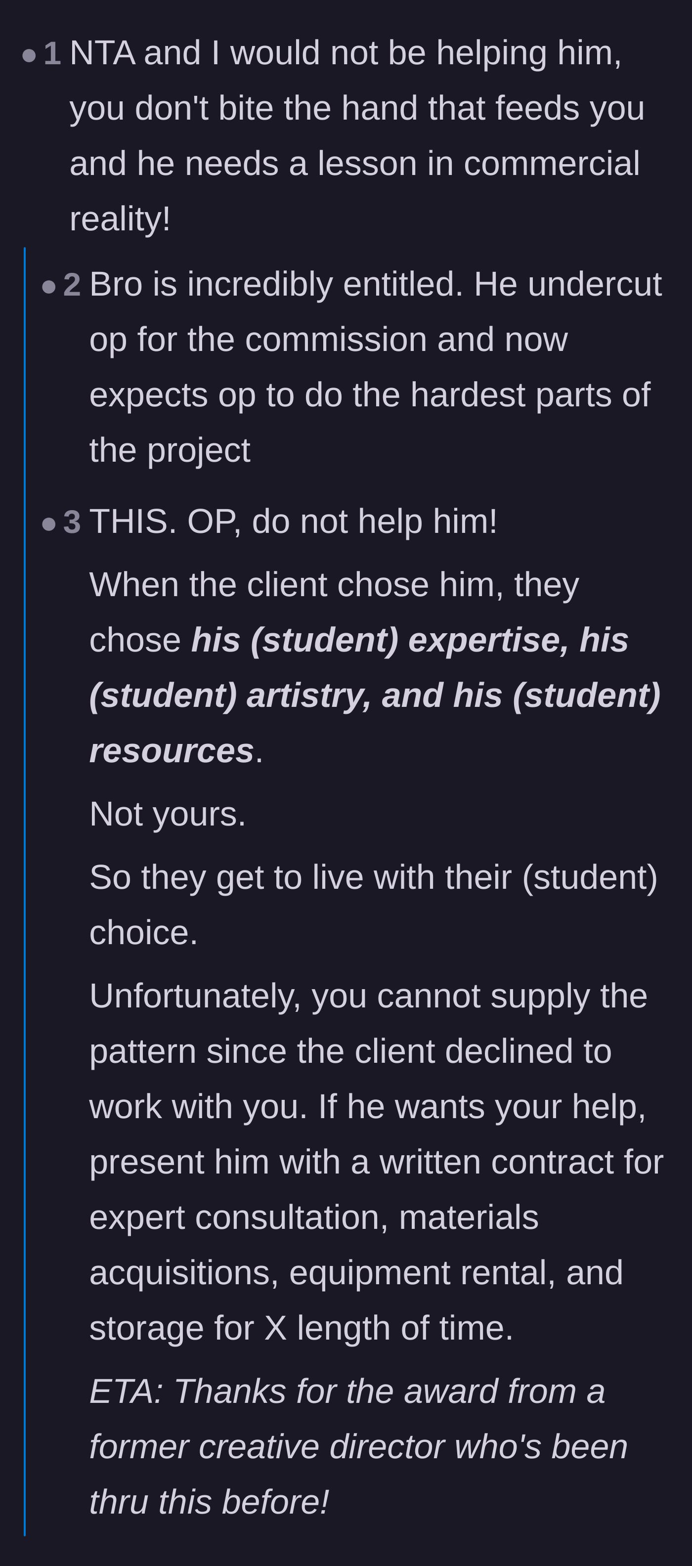 Comment thread 2 - Advice on immediately dropping the poacher as a student and letting him fail on his own merits.