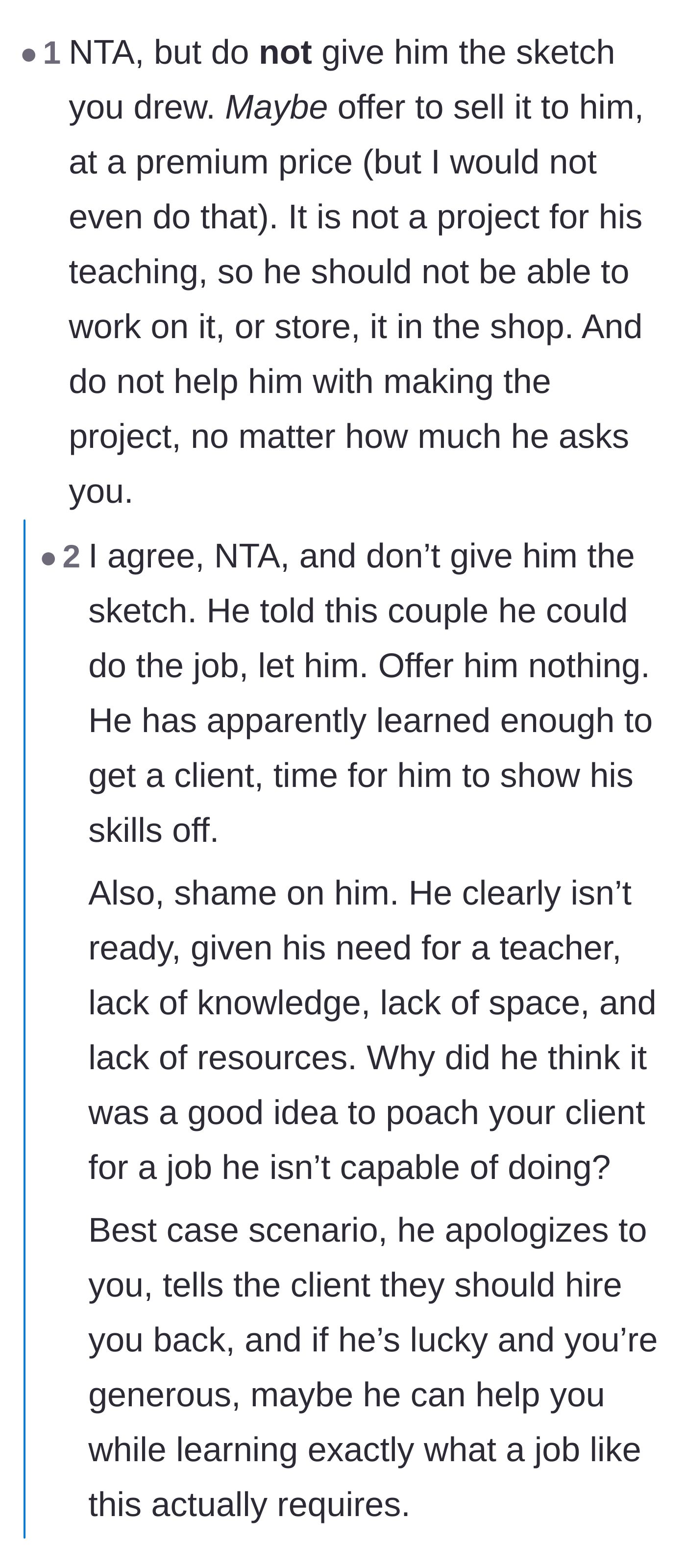 Comment thread 3 - Readers insisting the artist shouldn't even offer to sell the sketch to the student.