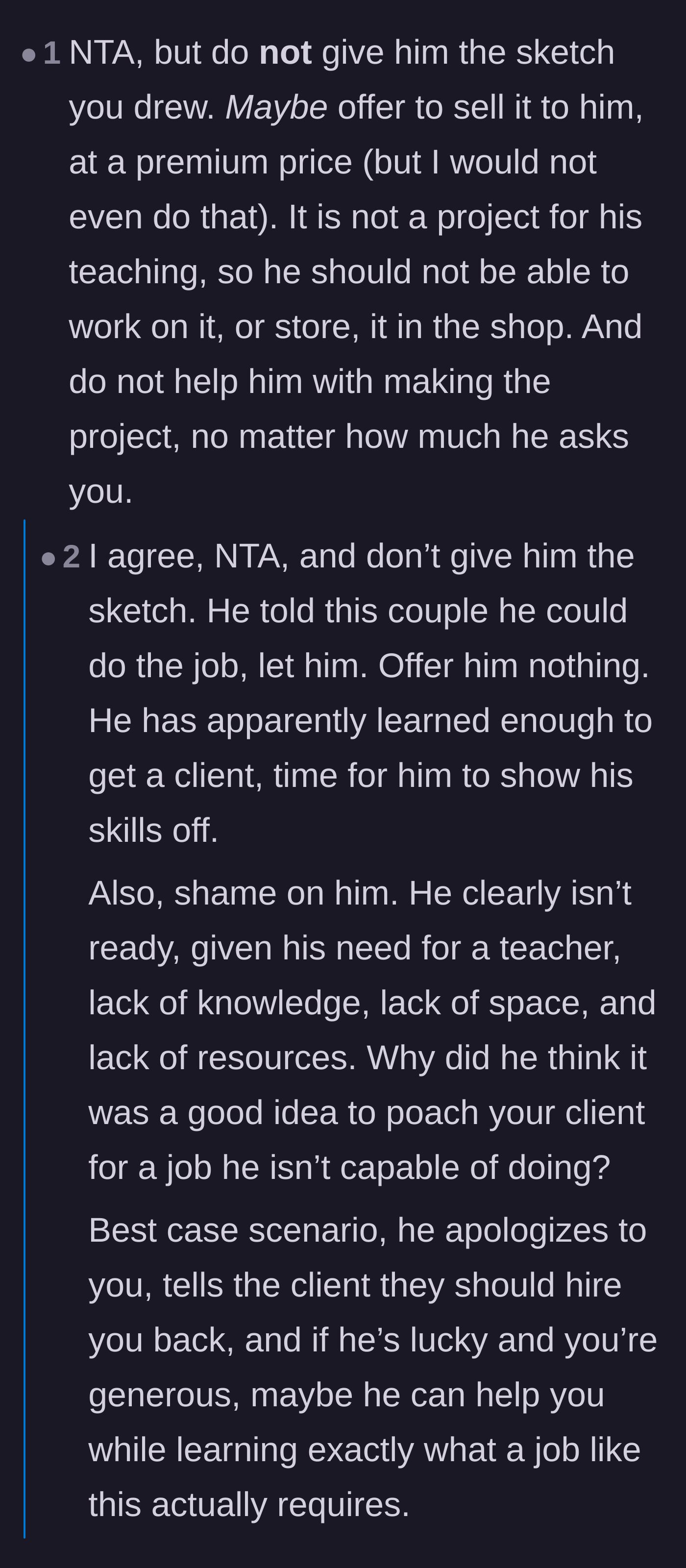 Comment thread 3 - Readers insisting the artist shouldn't even offer to sell the sketch to the student.
