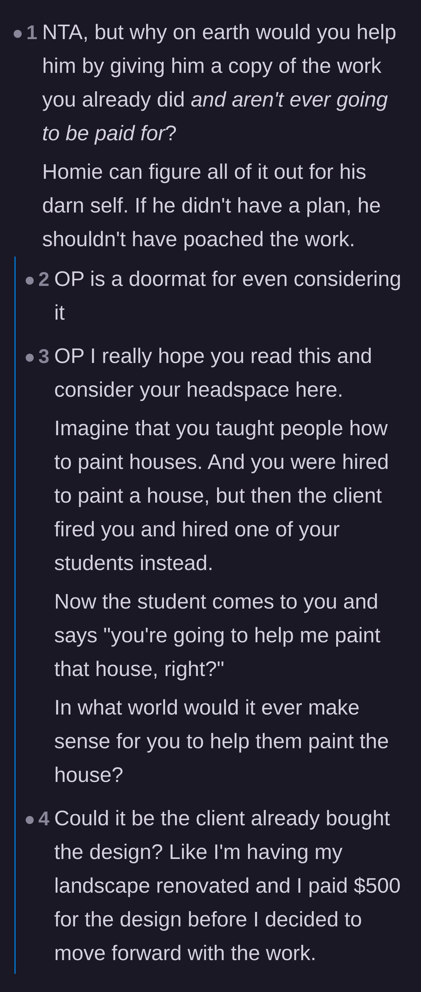 Comment thread 4 - A harsh analogy warning the artist not to be a doormat for someone who stole her income.