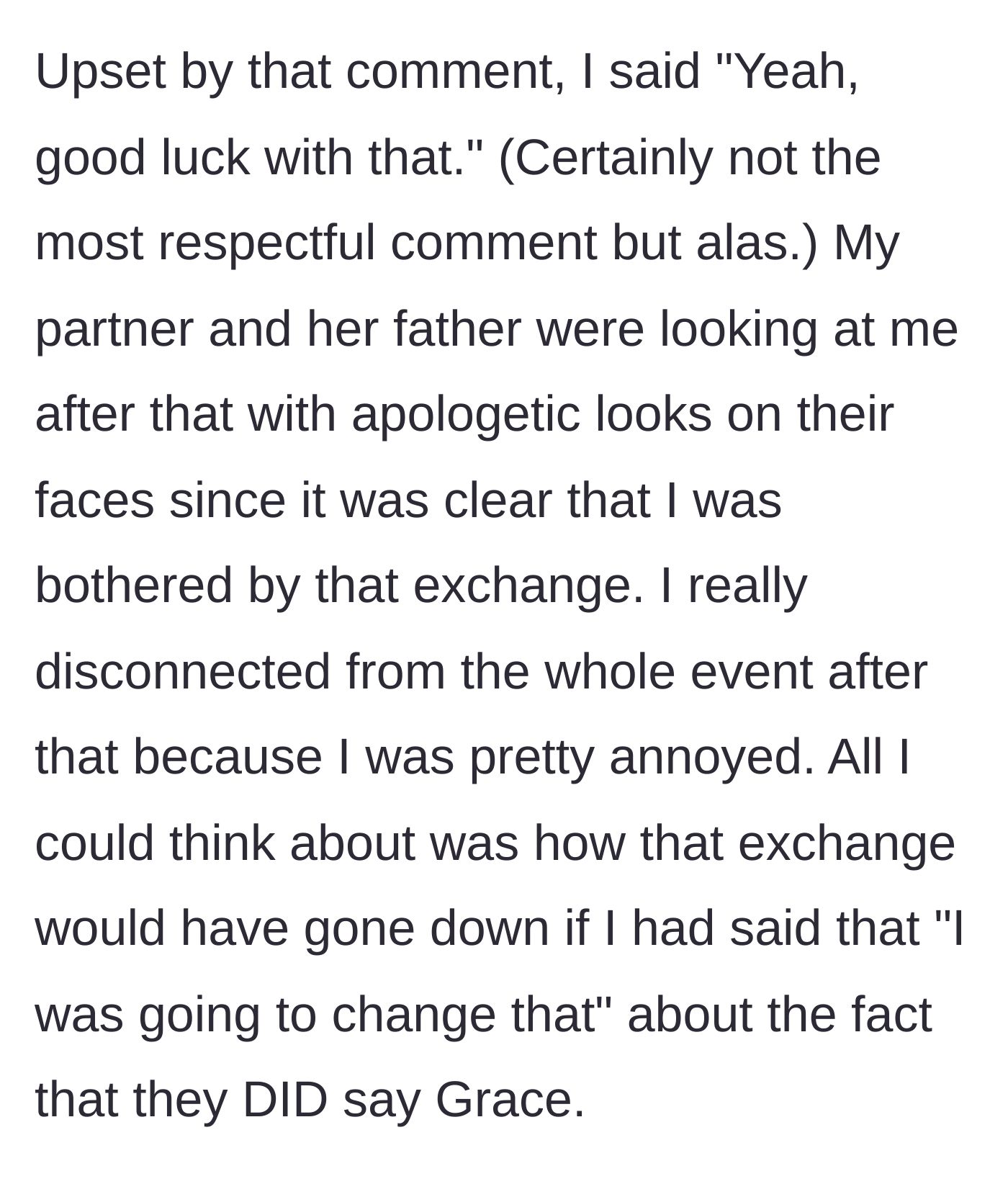 Story part 5 - The main character sarcastically replies to Tony, while his partner and her father give him apologetic looks as he withdraws from the situation.