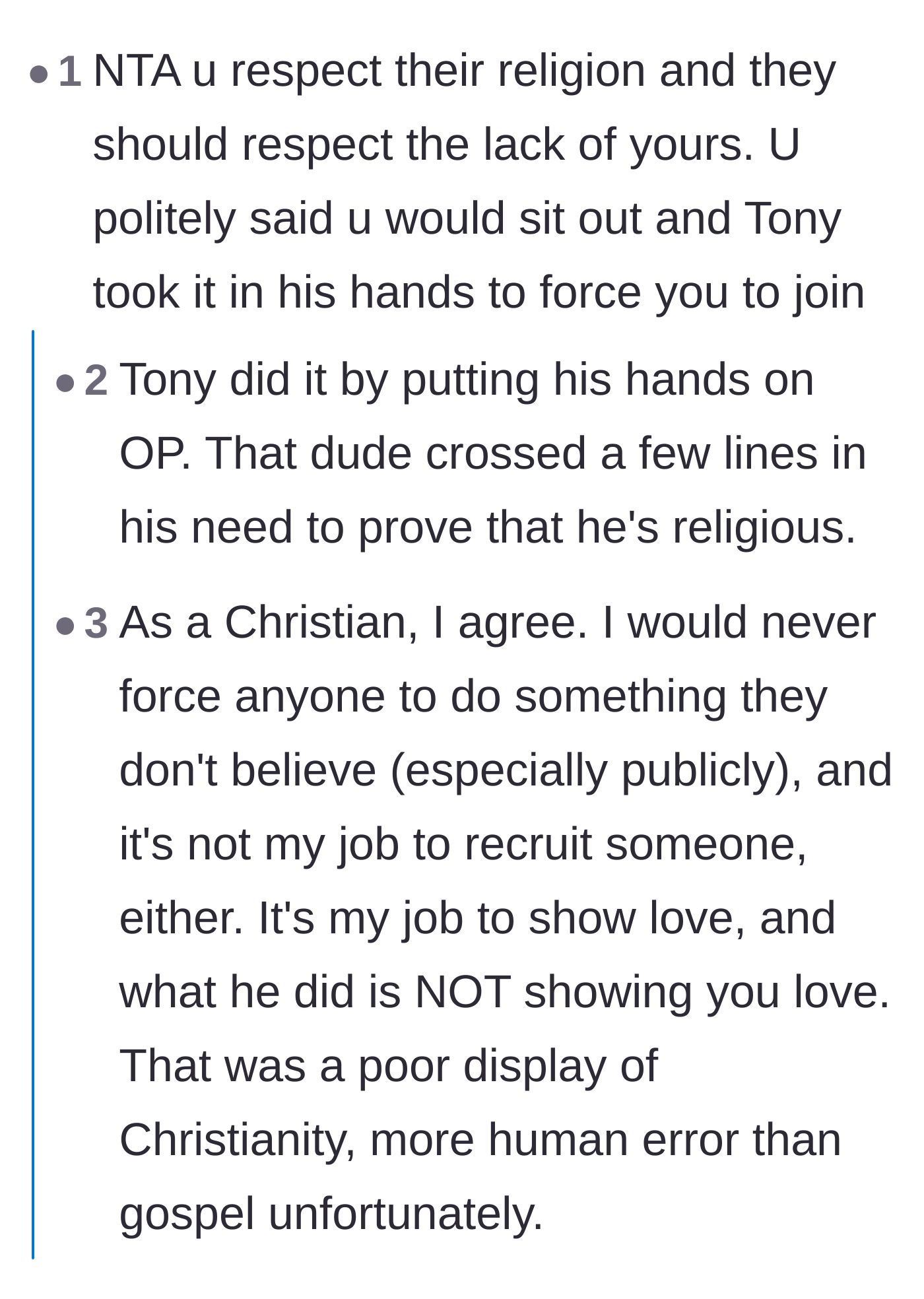 Comment thread 1 - Readers debating the performative nature of public prayer and the boundary violation of unwanted touching.