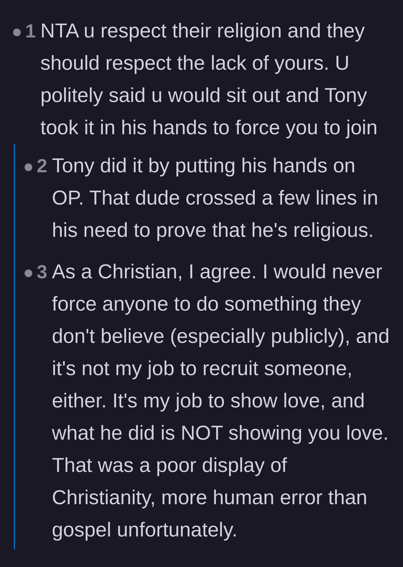 Comment thread 1 - Readers debating the performative nature of public prayer and the boundary violation of unwanted touching.