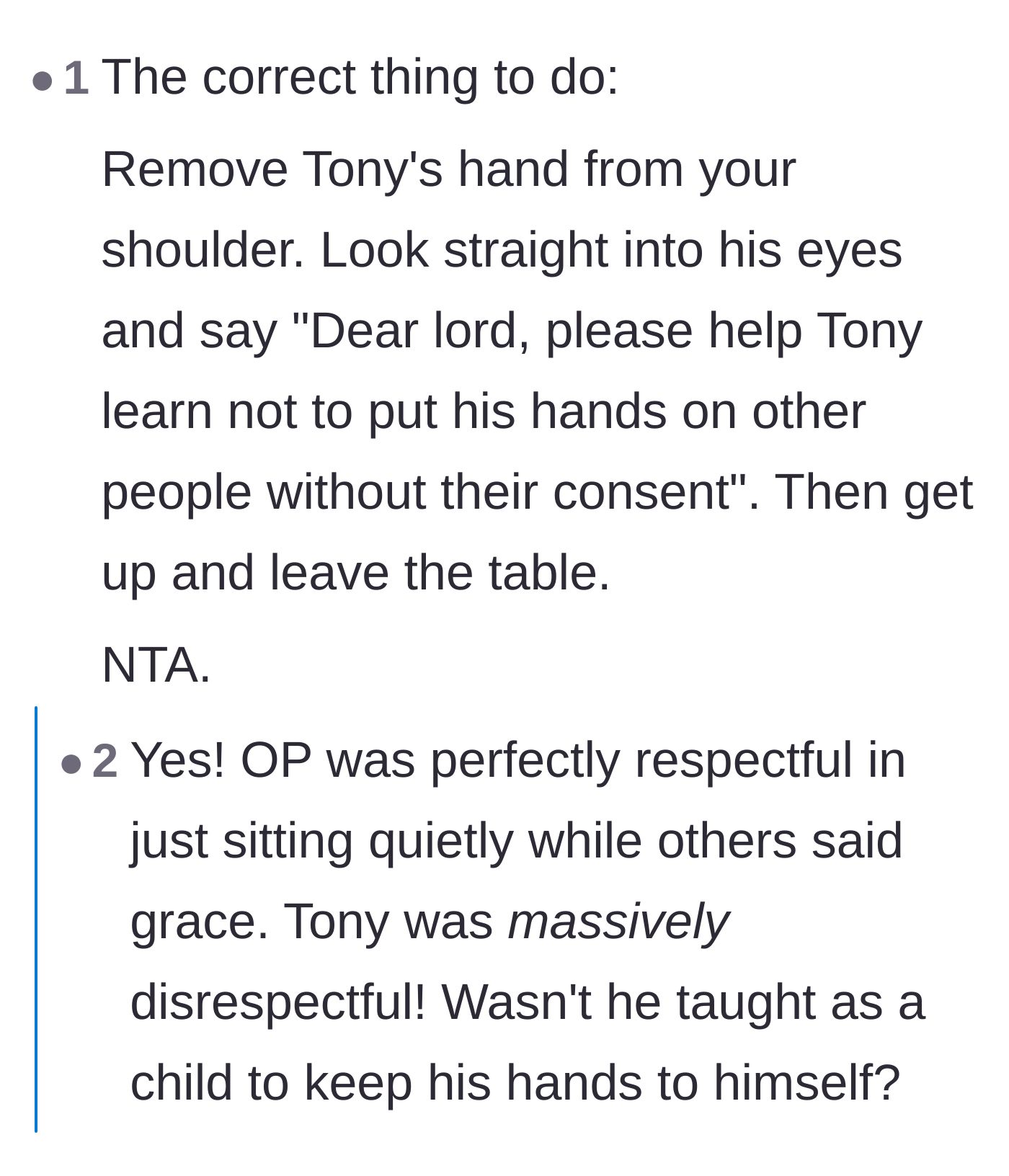 Comment thread 2 - A highly upvoted suggestion to loudly pray for Tony to learn about consent.
