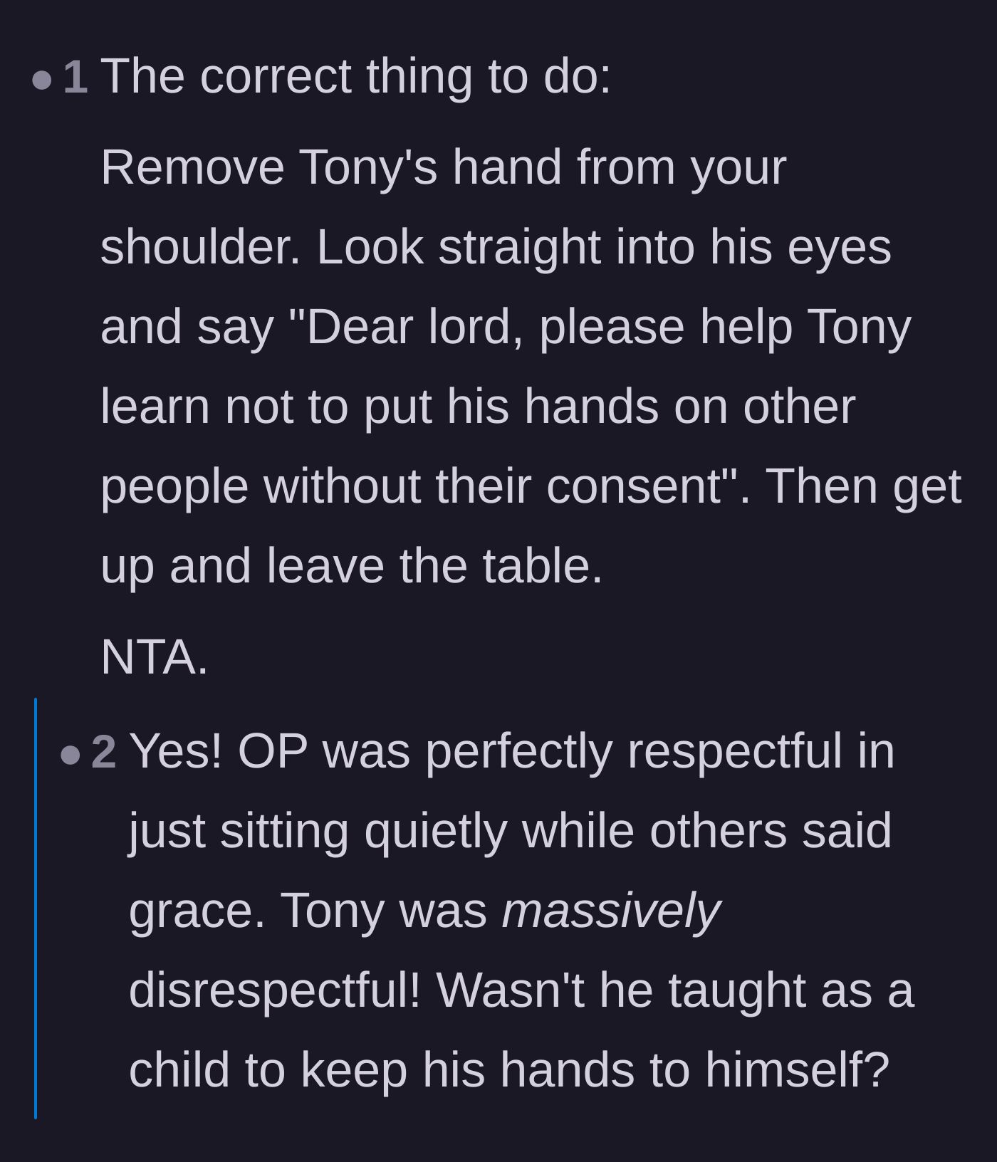 Comment thread 2 - A highly upvoted suggestion to loudly pray for Tony to learn about consent.