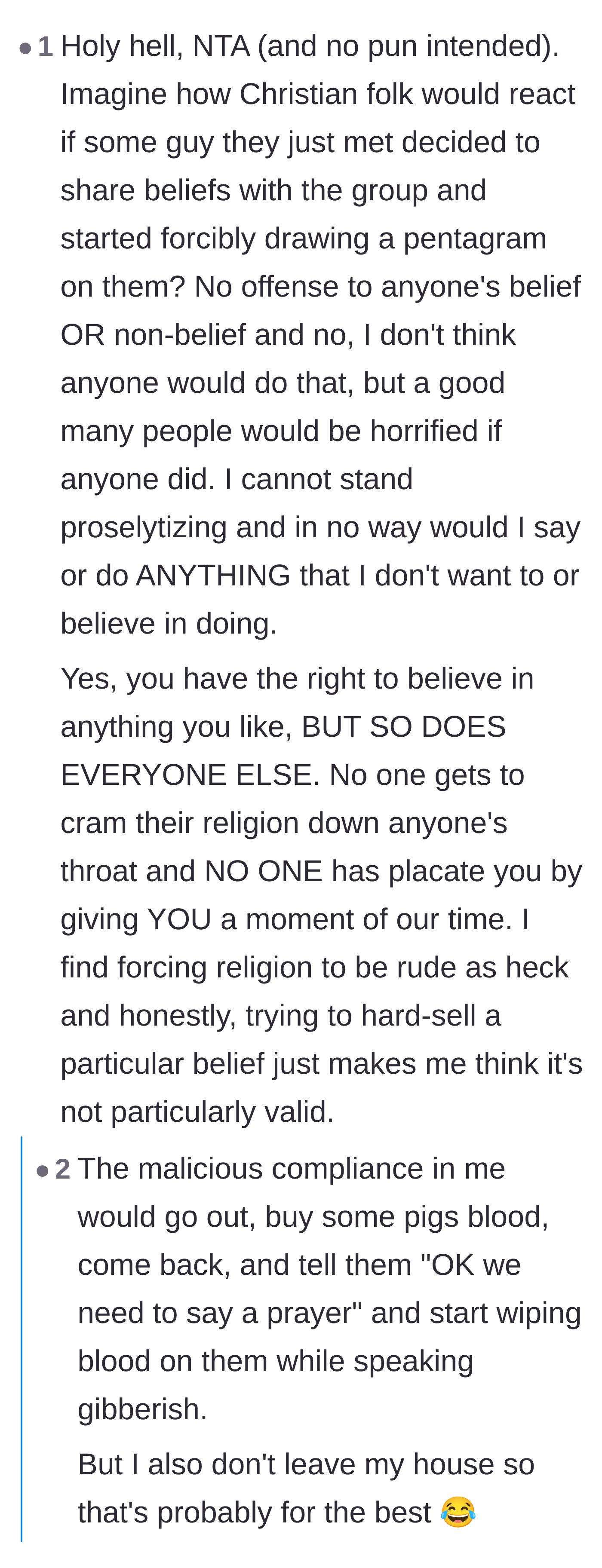 Comment thread 3 - Readers imagining the public outrage if someone forced a Satanic ritual on a Christian stranger.