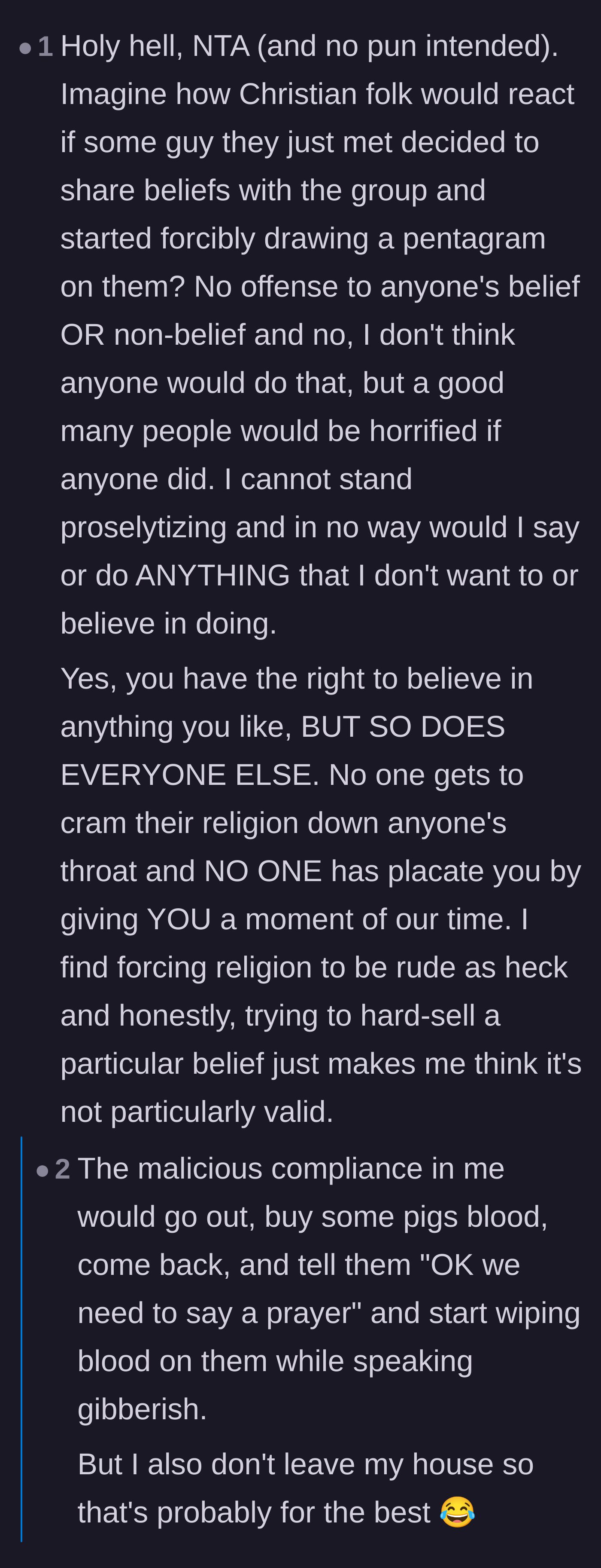 Comment thread 3 - Readers imagining the public outrage if someone forced a Satanic ritual on a Christian stranger.