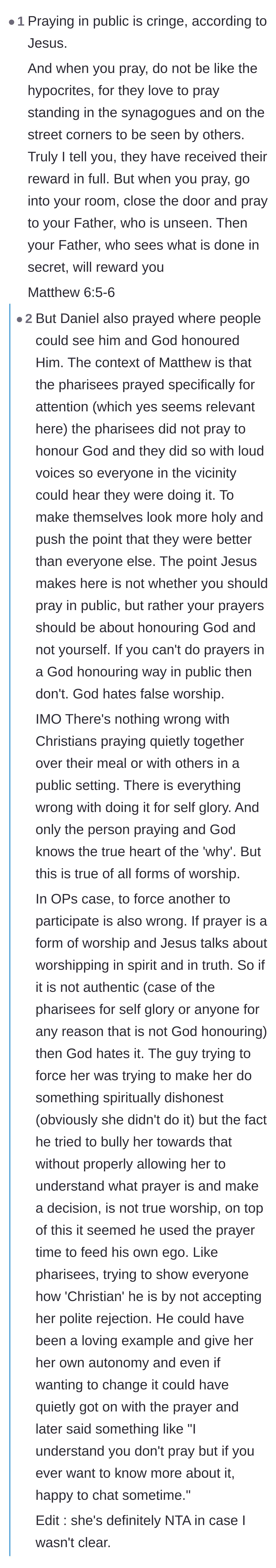 Comment thread 4 - A deep dive into biblical verses that actually condemn performative, attention-seeking public prayer.