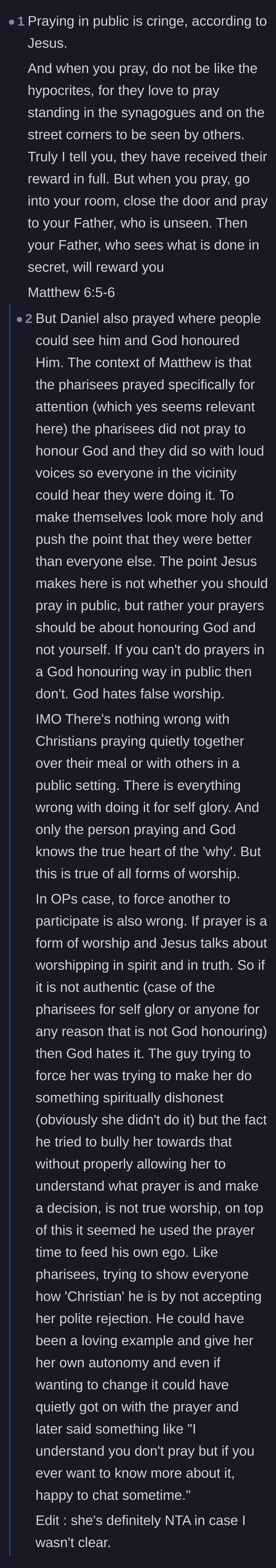 Comment thread 4 - A deep dive into biblical verses that actually condemn performative, attention-seeking public prayer.