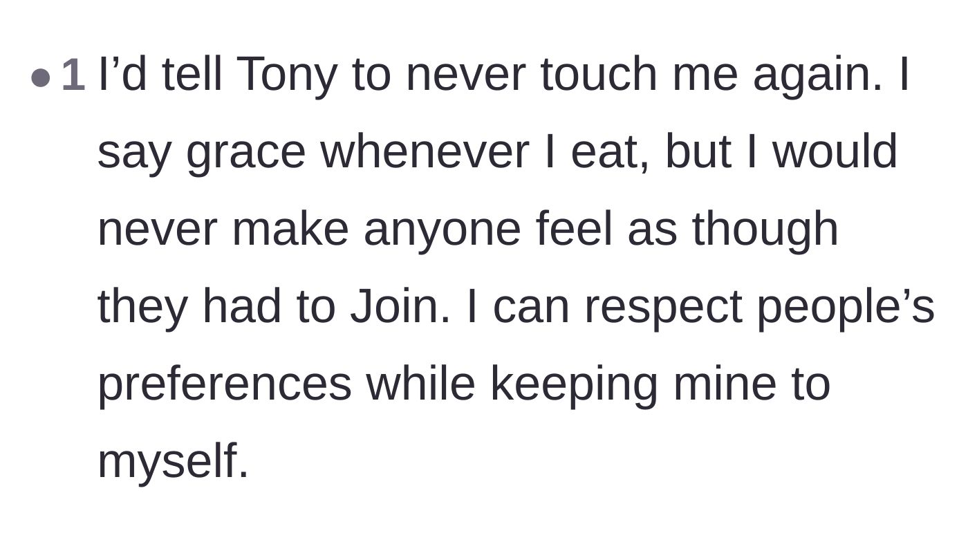 Comment thread 6 - A Christian commenter agreeing that Tony's behavior was completely out of line and advocating for strict boundaries.