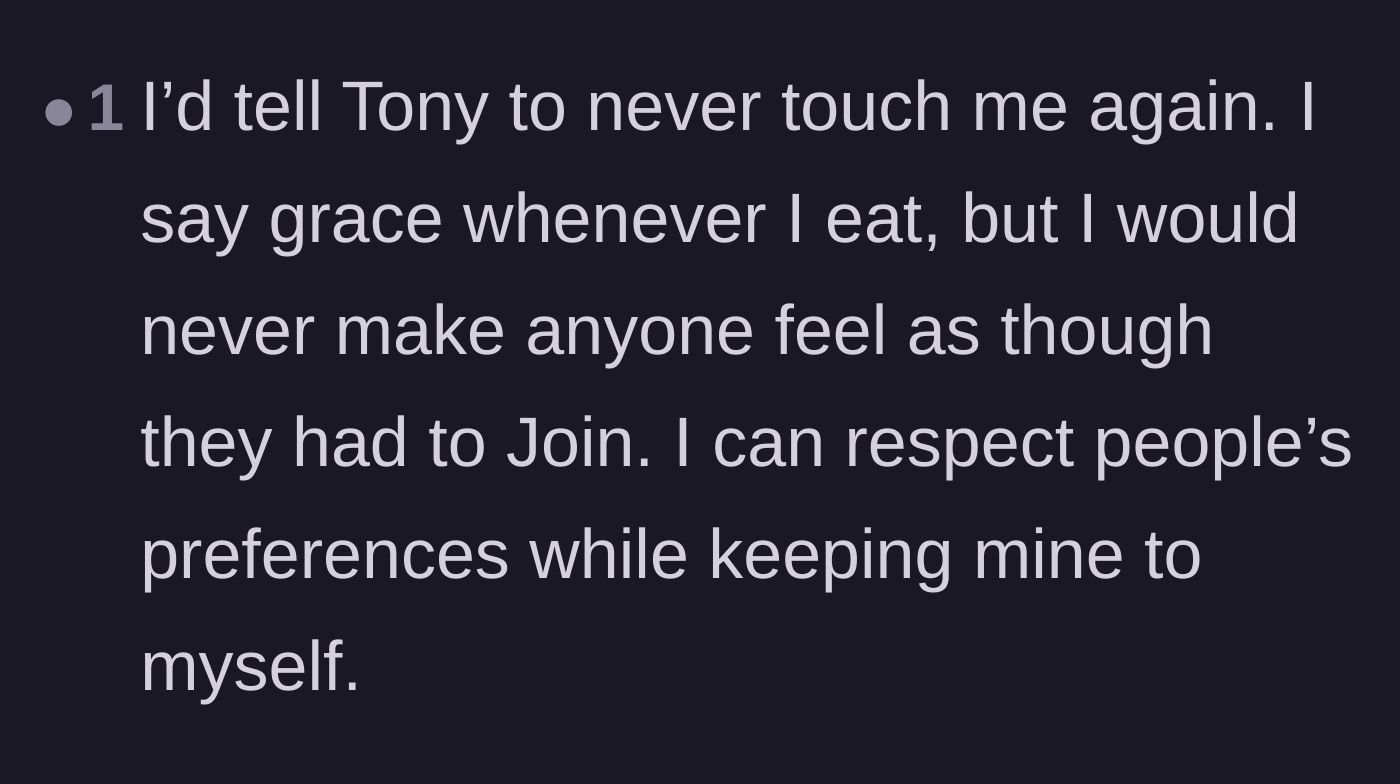 Comment thread 6 - A Christian commenter agreeing that Tony's behavior was completely out of line and advocating for strict boundaries.