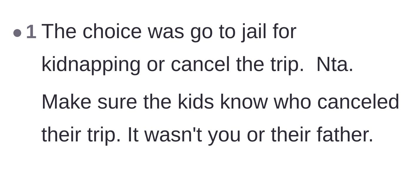 Comment thread 1 - A discussion on how the aunt's only choices were cancelling the trip or catching a kidnapping charge.