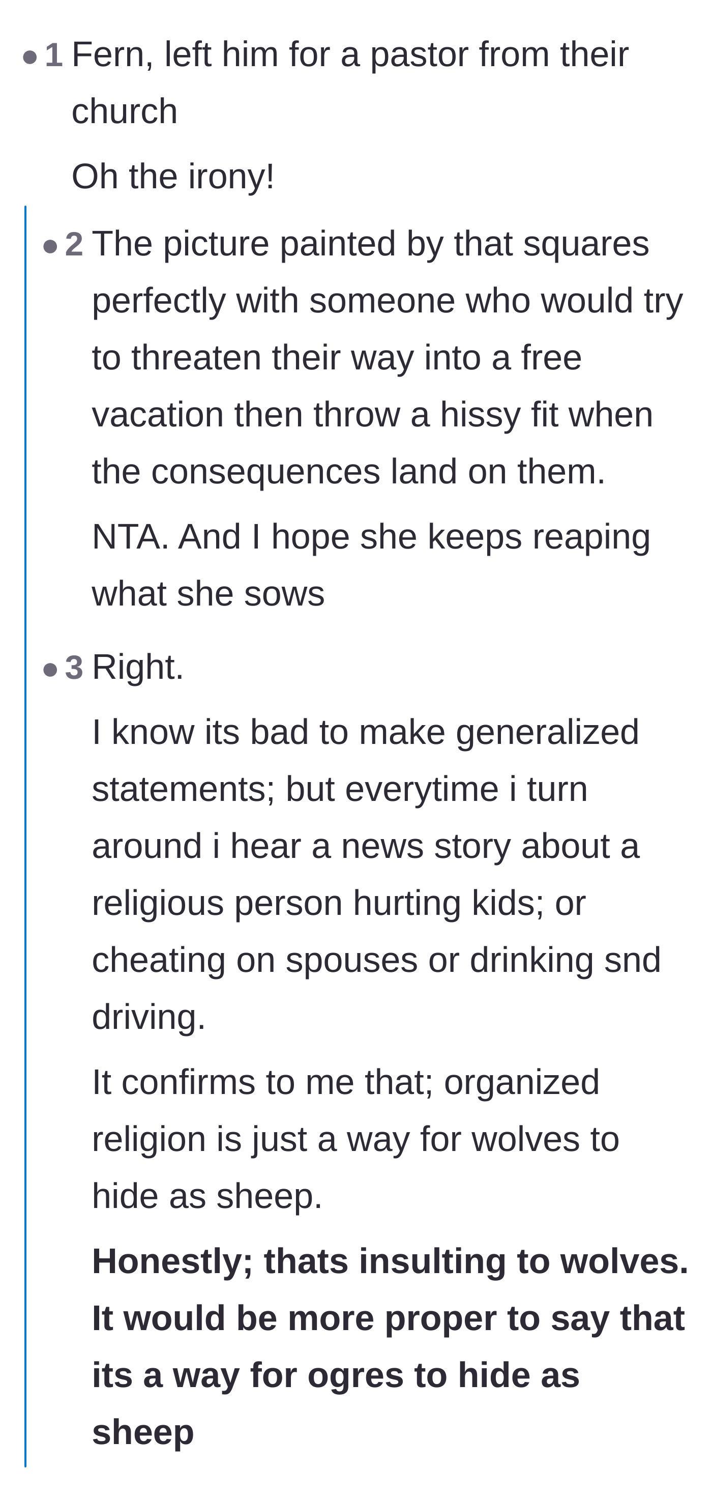Comment thread 2 - Readers reacting to the irony of the ex-wife leaving her husband for a pastor, sharing their own stories of church hypocrisy.