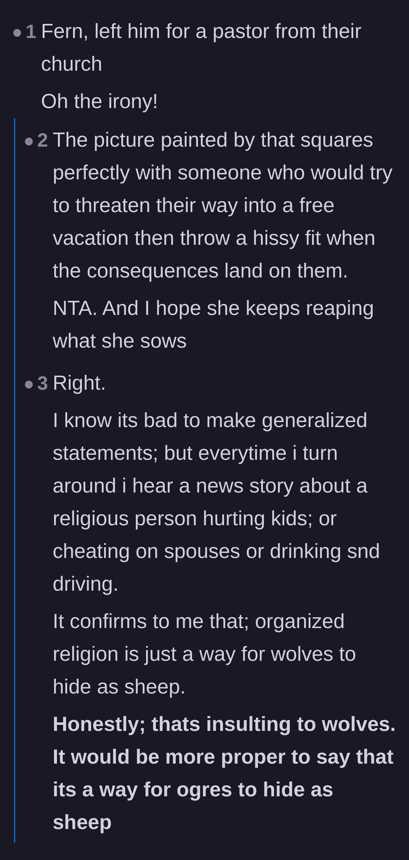 Comment thread 2 - Readers reacting to the irony of the ex-wife leaving her husband for a pastor, sharing their own stories of church hypocrisy.