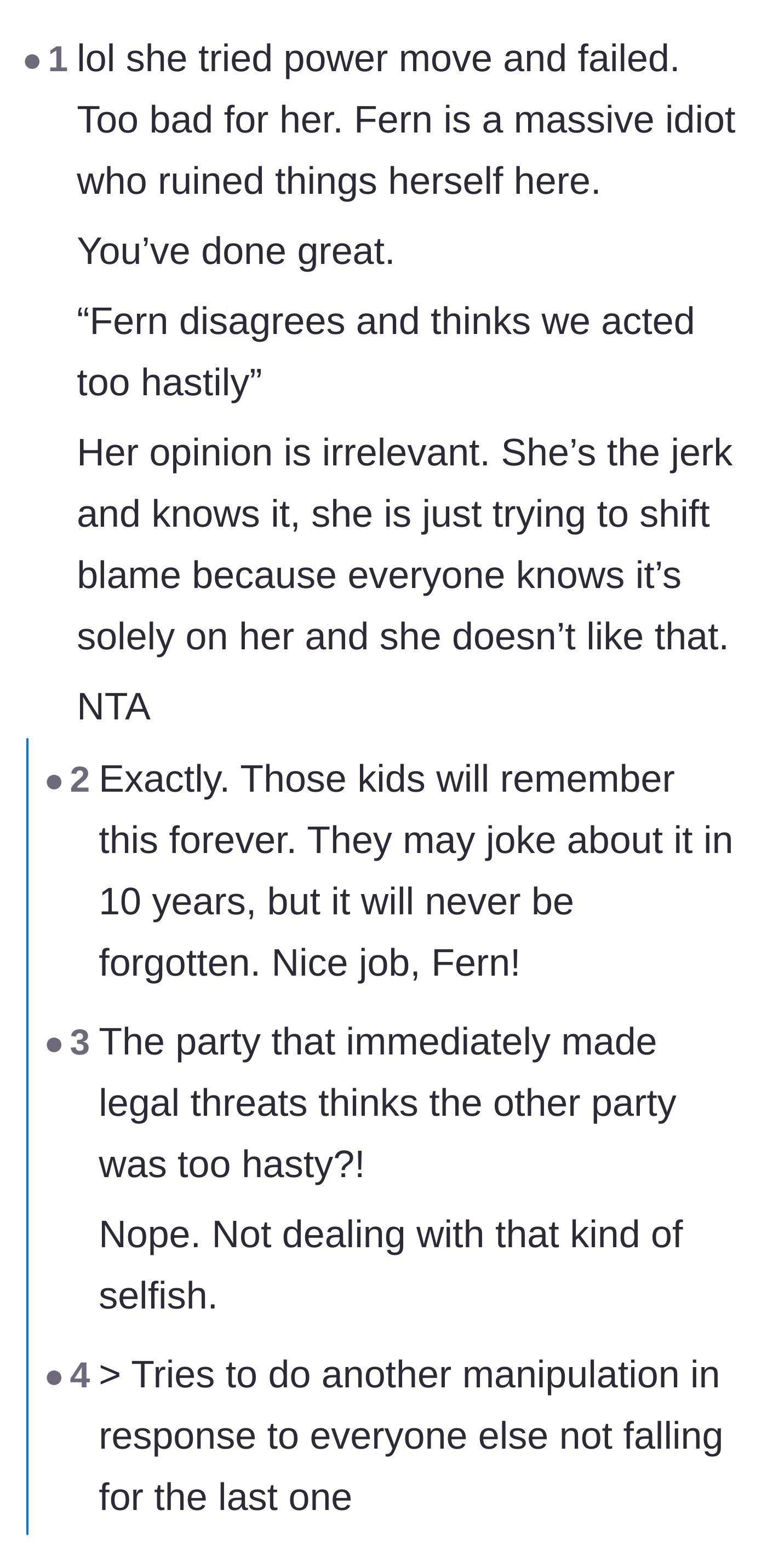 Comment thread 3 - A debate on how the ex-wife's failed power move will result in a lifelong grudge from her kids.