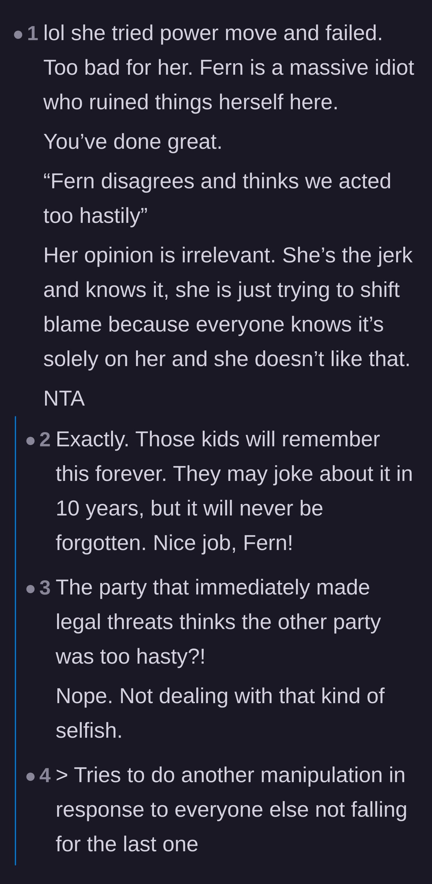 Comment thread 3 - A debate on how the ex-wife's failed power move will result in a lifelong grudge from her kids.