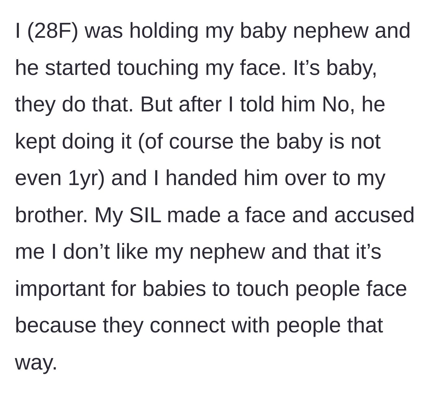 Story part 1 - Aunt holding her baby nephew, who reaches for her face, leading her to gently hand him back to his mother, who glares in disapproval.